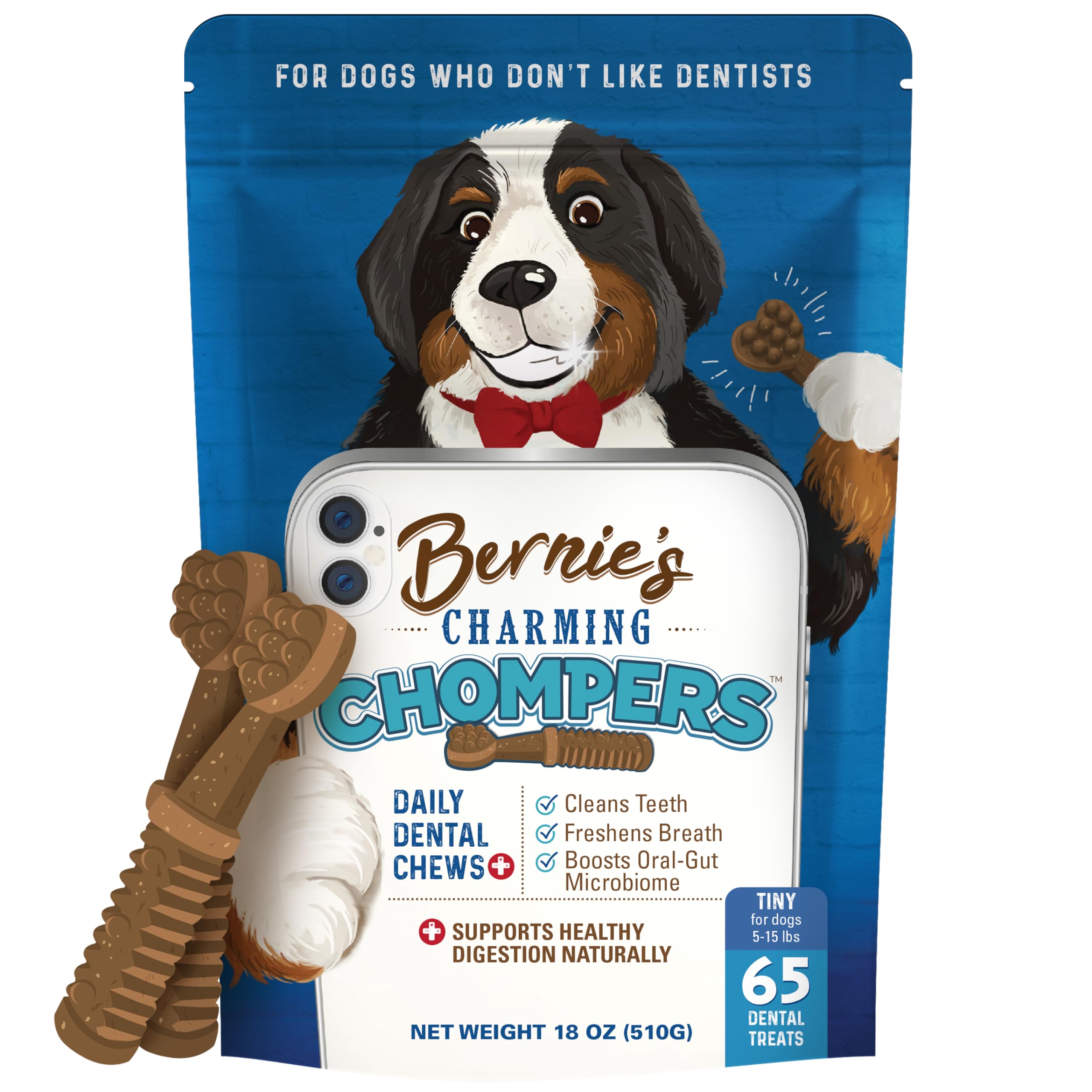 Bernies Charming Chompers - Daily Dental Chews for Dogs 5-15 Lbs. - 65 Count - Cleans Teeth, Freshens Breath, + Boosts Oral-Gut