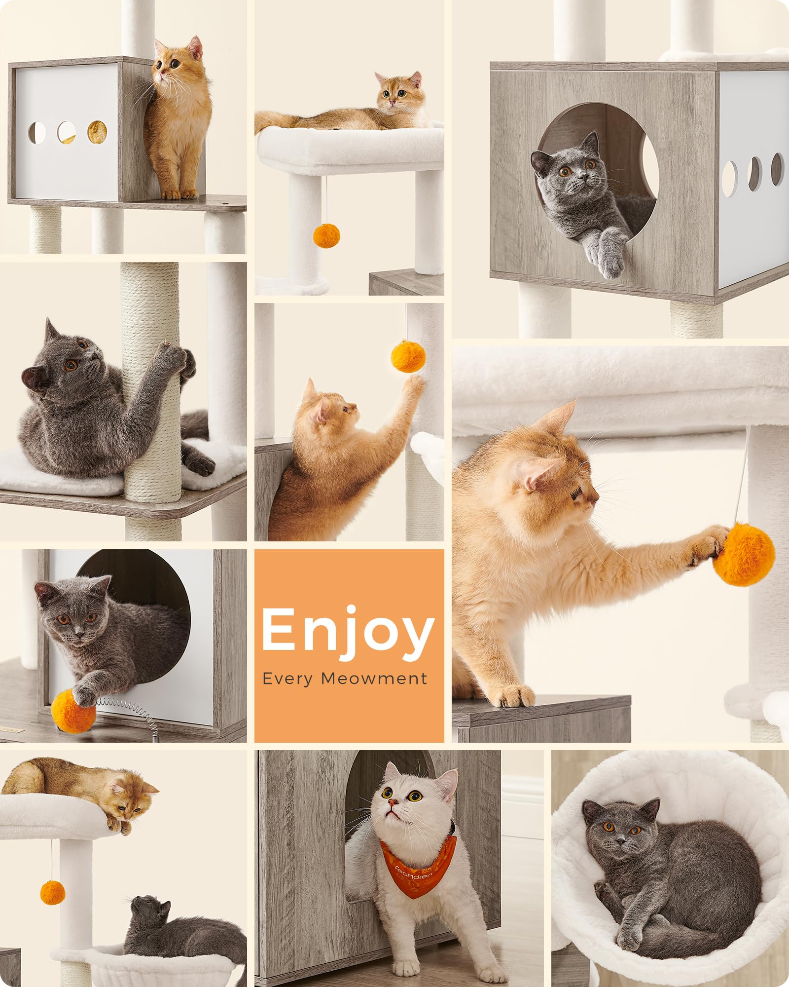 Feandrea Cat Tree with Litter Box Enclosure, 70.8" Tall Condo, Heather Greige, Model UPCT116G01, Plush & Sisal Material