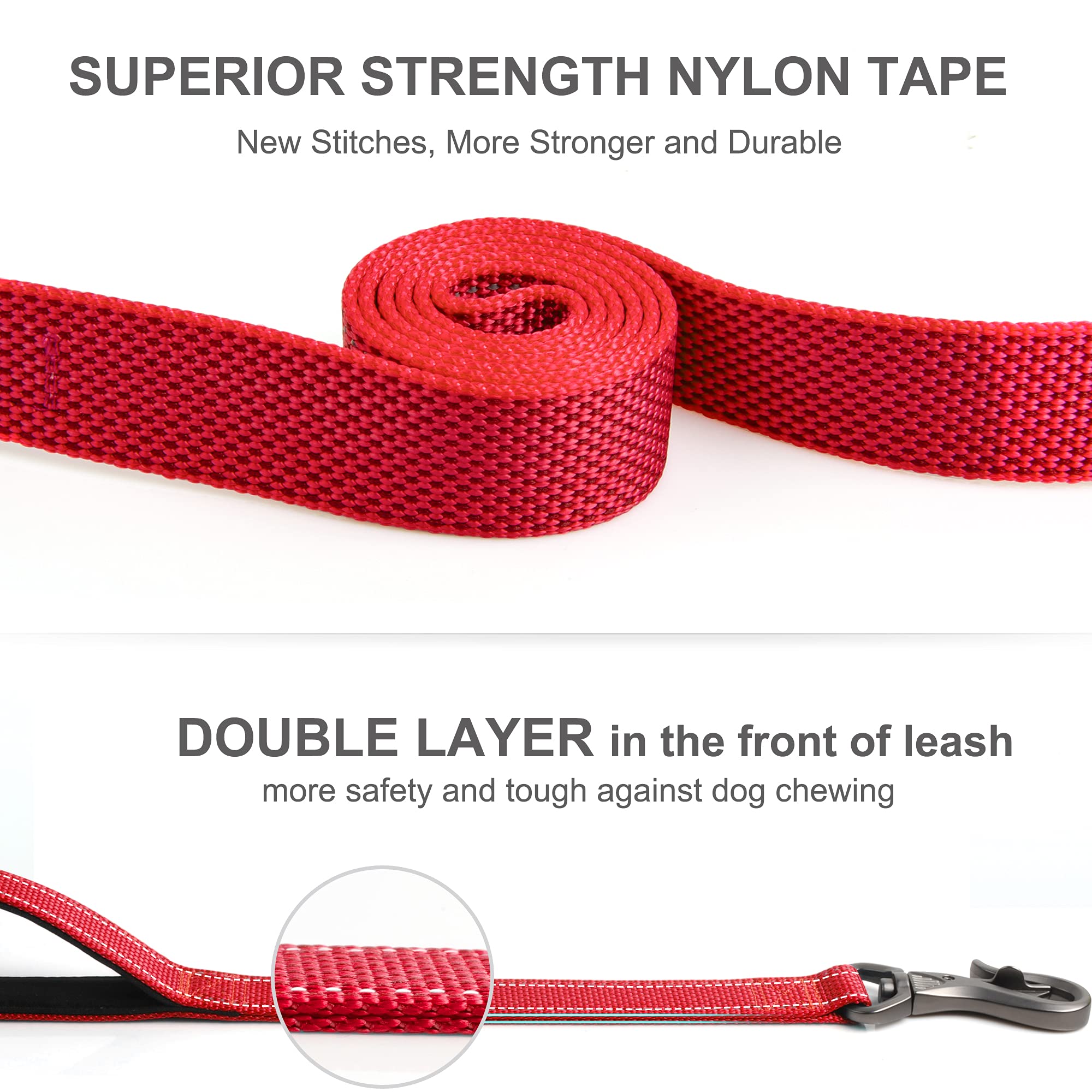 Fida Heavy Duty Dog Leash - 5 FT Nylon with Padded Handles, Reflective, Red