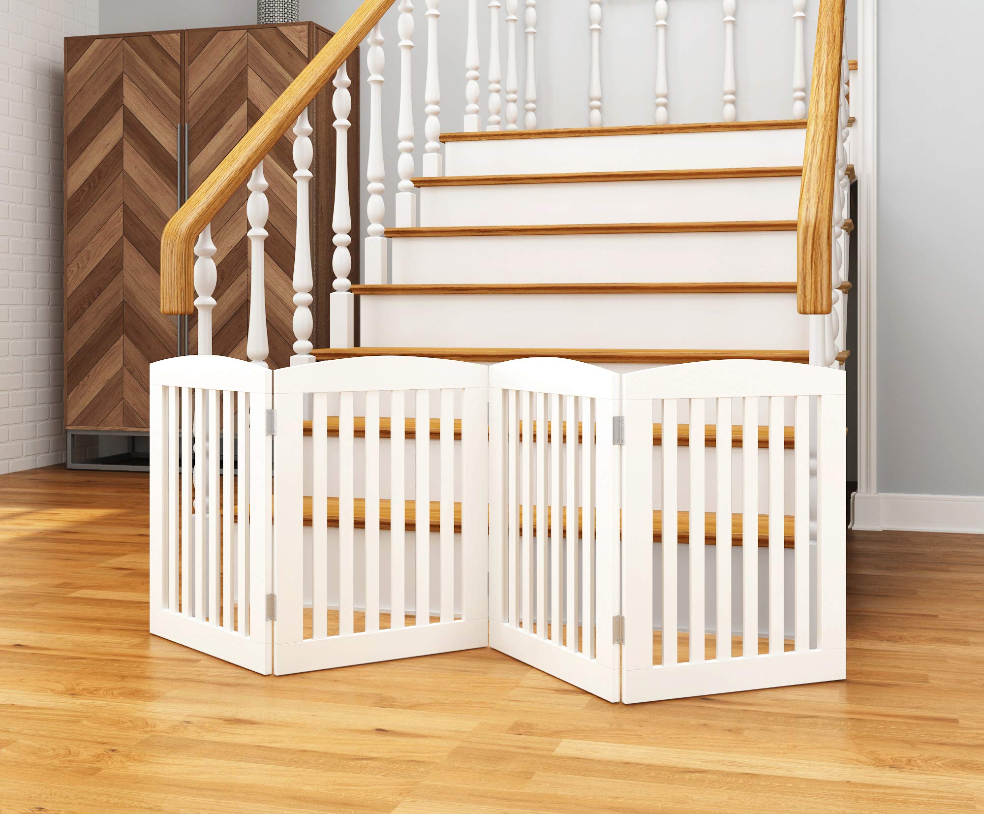 PAWLAND Wooden Pet Gate - 24" Height, 4 Panels, Foldable Dog Barrier for Doorways & Stairs, White