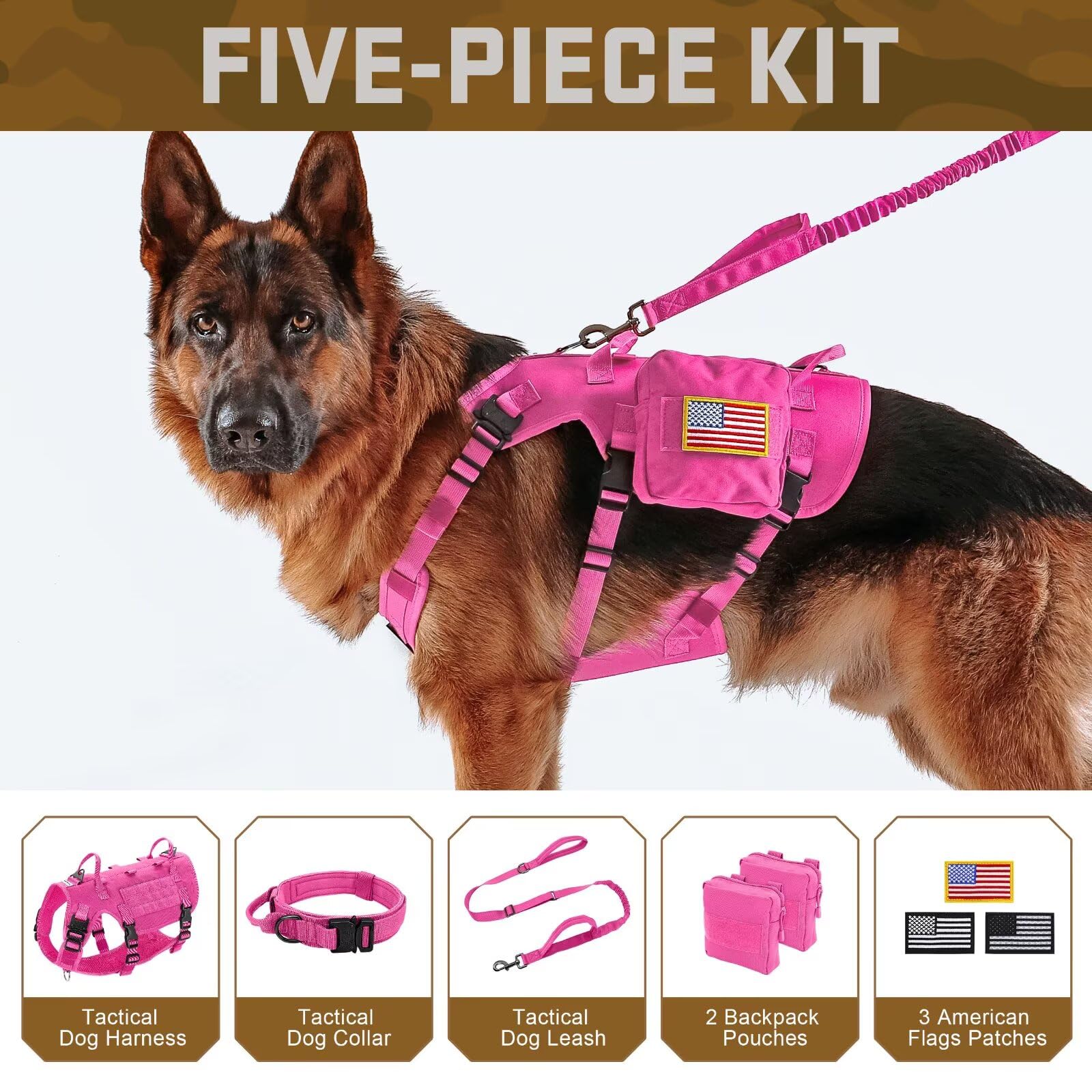 Forestpaw Pink Tactical Dog Harness For Large Dogs,Tactical Dog Collar With Bungee Leash Set,No Pull Military Dog Harness For Wa