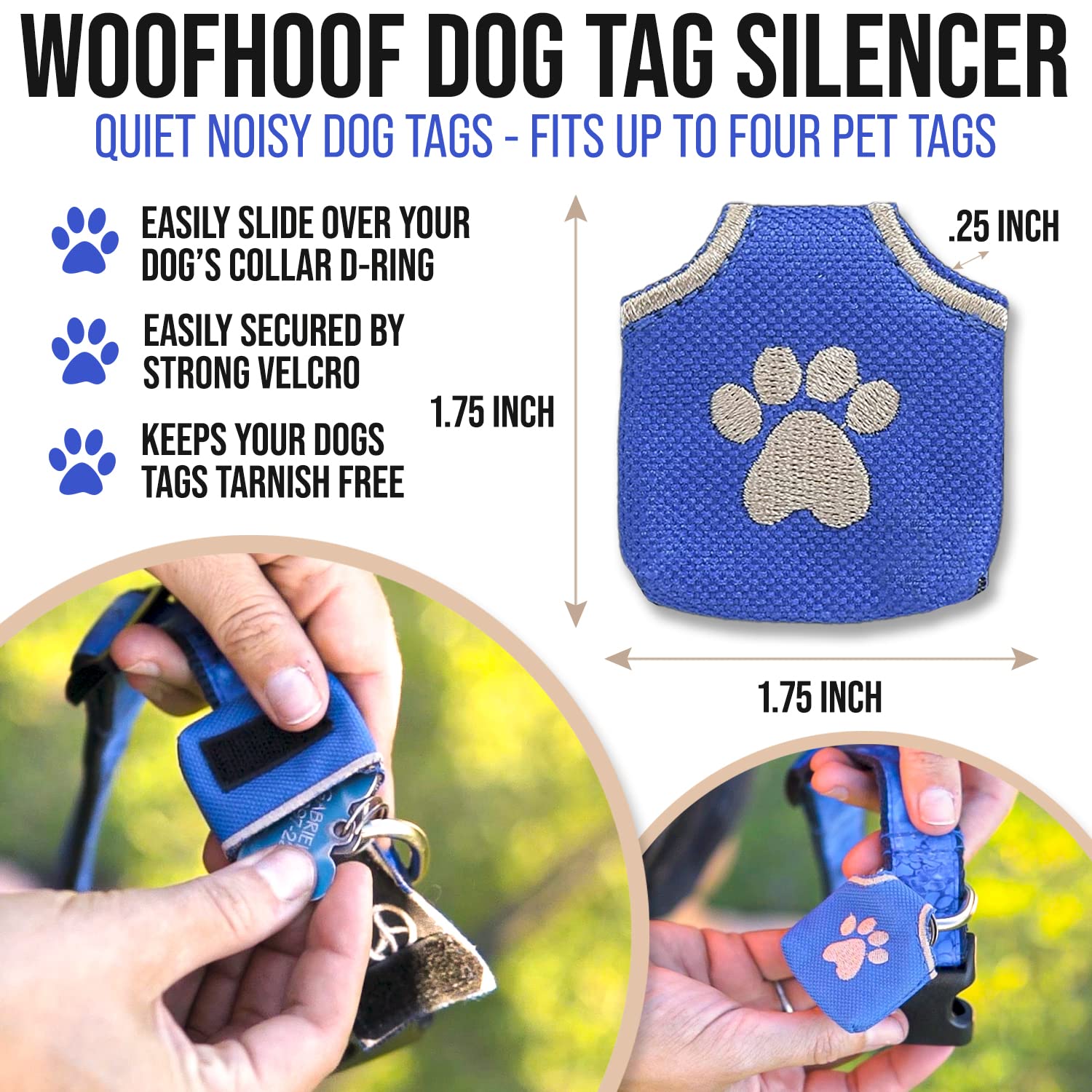 Woofhoof Dog Tag Silencer, Blue Pawprint, Fits 4 IDs, Durable Nylon, 1.75" x 1.75", Machine Washable, Peace Tag