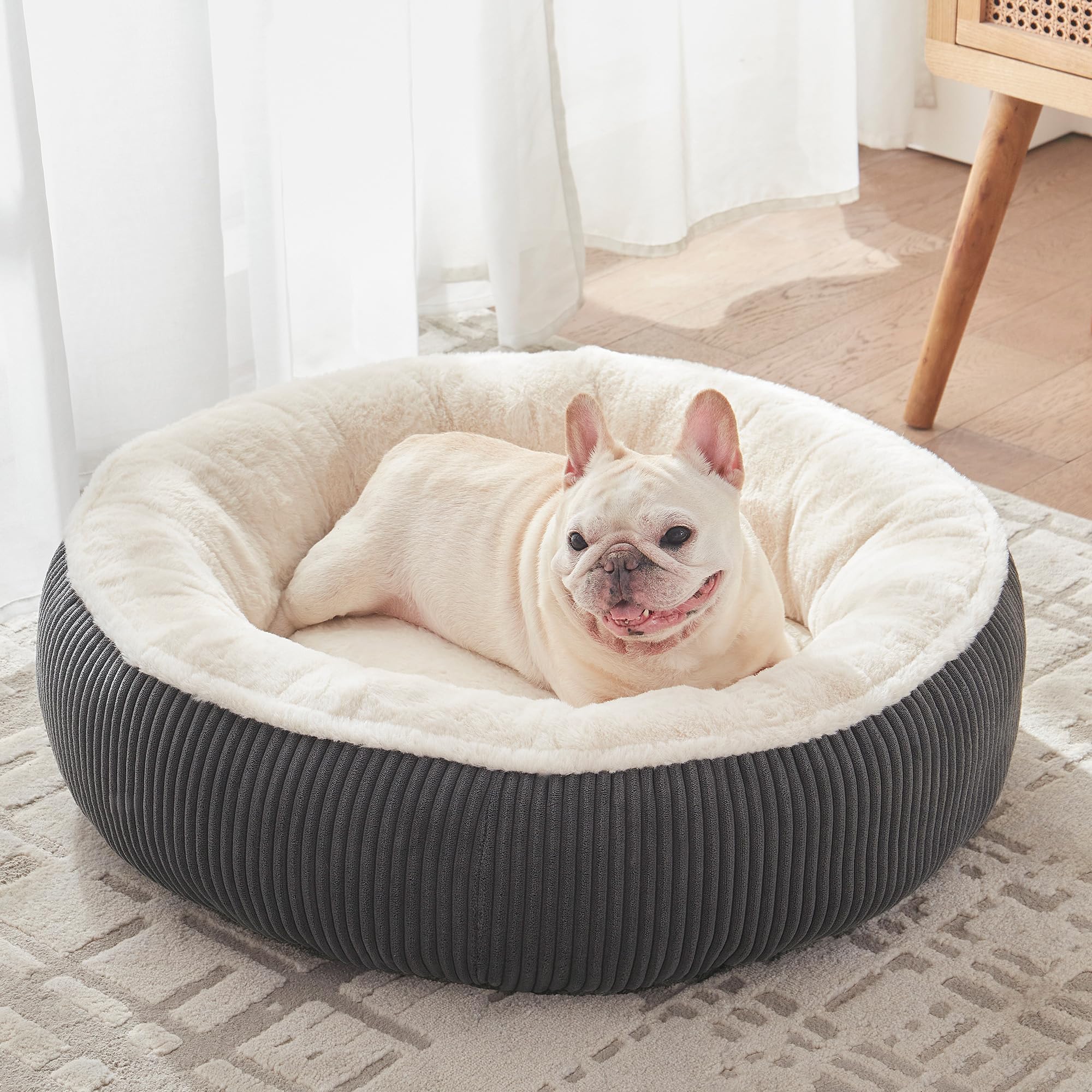 BedStill 30 inches Donut Dog Bed for Medium Dogs,Calming Round Pet Bed with Removable & Washable Cover,Plush Faux Fur & Corduroy