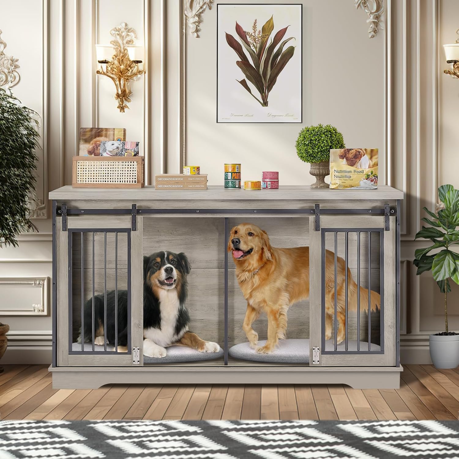 Yafylly 2-in-1 Double Dog Crate Furniture with Divider 60.6 Inch Grey Sturdy Dog Kennel TV Stand with 2 Sliding Doors and Thick 