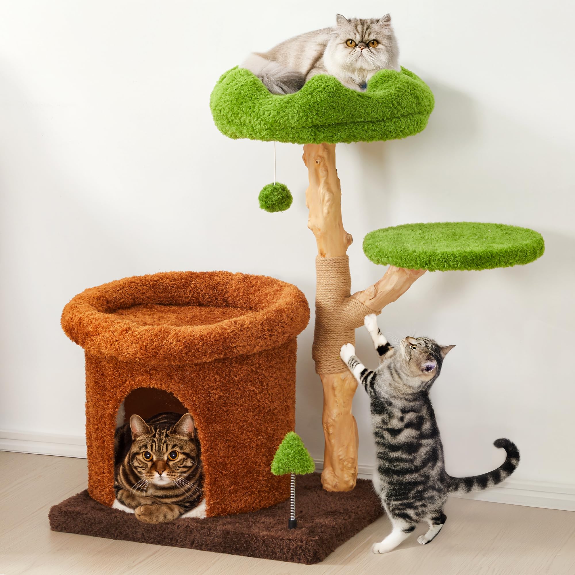 Fansafurn Cute Cat Tree with Scratching Posts, Bed & Condo, Multi-Level Cat Tower for Playful Cats and Multiple Cats, 32 Wooden 
