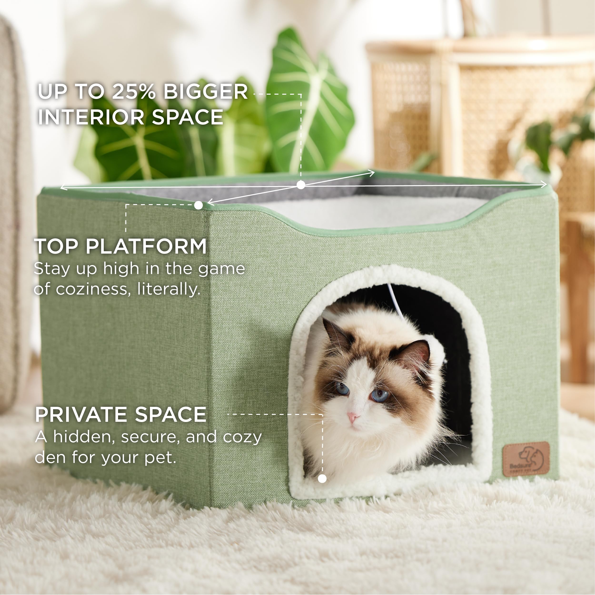 Bedsure Cat Beds For Indoor Cats - Large Cat Cave For Pet Cat House With Fluffy Ball Hanging And Scratch Pad, Foldable Cat Hideaway,16.5X16.5X13 Inches, Green