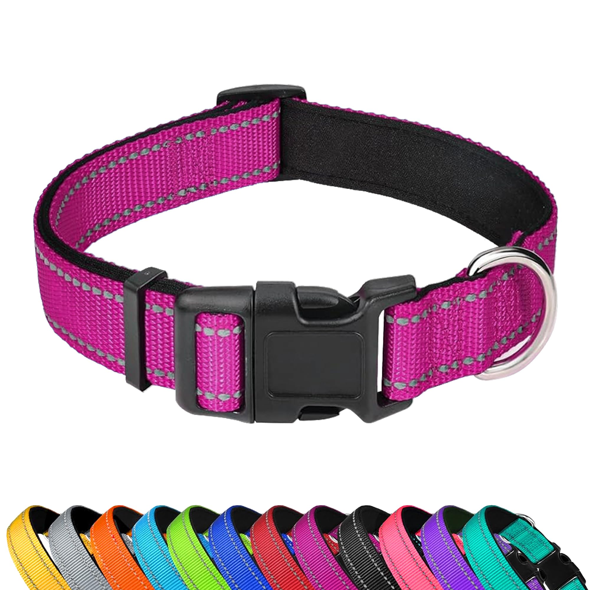 Pwod Reflective Dog Collar, Adjustable Soft Neoprene Padded Nylon Pet Collars With Buckle For Large Dogs, Rose Red,L