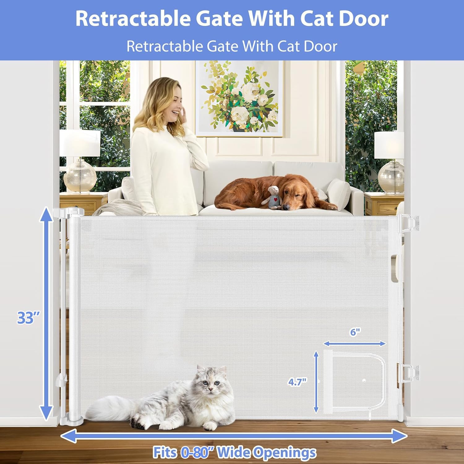 Retractable Baby Gates with Cat Door 80 Wide Retractable Dog Gate with Pet Door Outdoor Retractable Gate for Dogs Retractable Pe