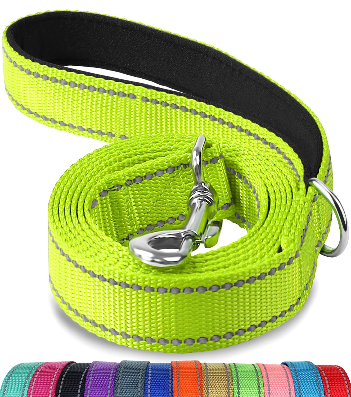 Joytale Double-Sided Reflective Dog Leash, 6 Ft/5 Ft/4 Ft, Padded Handle Nylon Dogs Leashes For Medium & Large Dogs Walking, Green, 6Ft