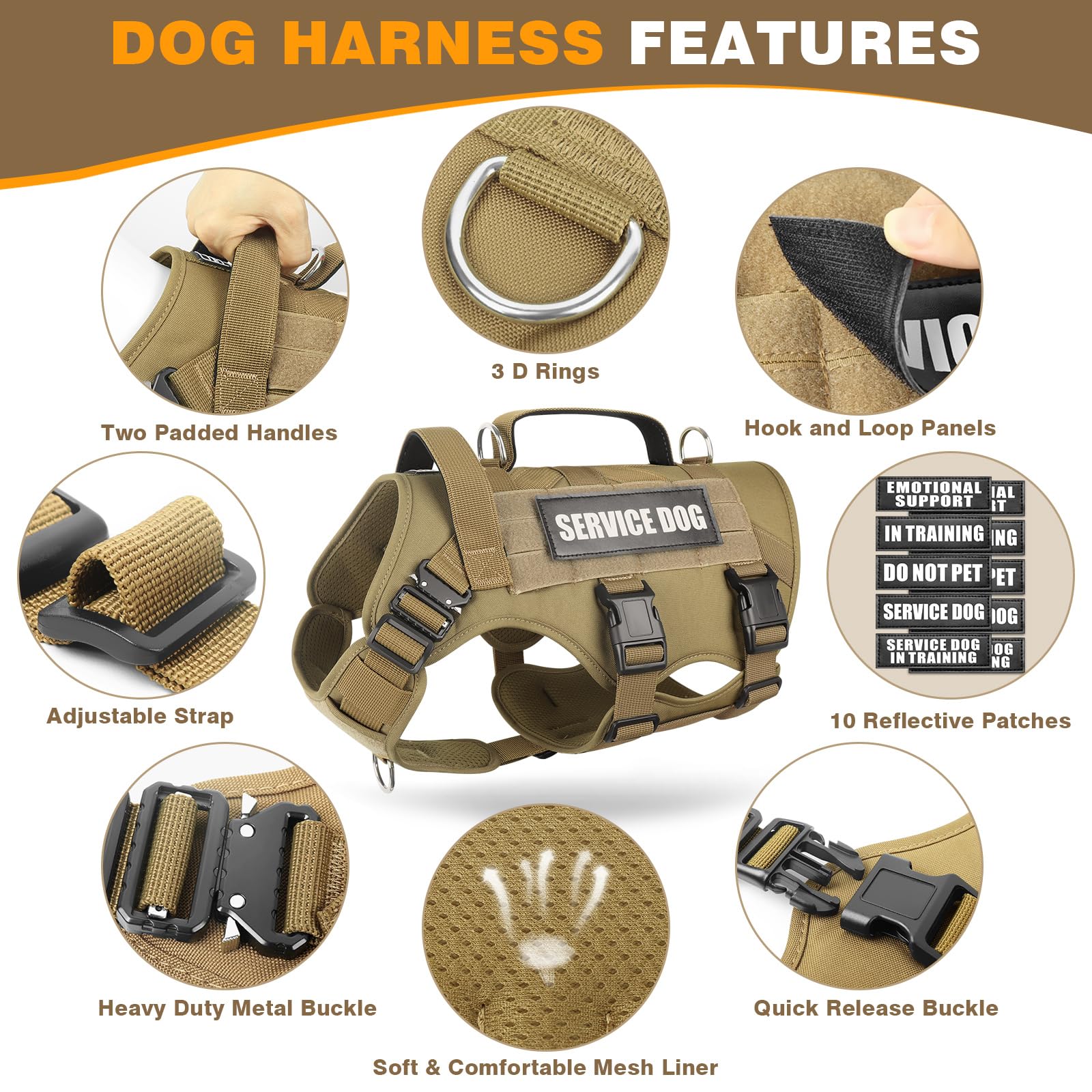 WINSEE Tactical Dog Harness with Dog Leash, Service Working MOLLE Vest with 10 Pet Patches for Medium Dog, No Pull Military Harn