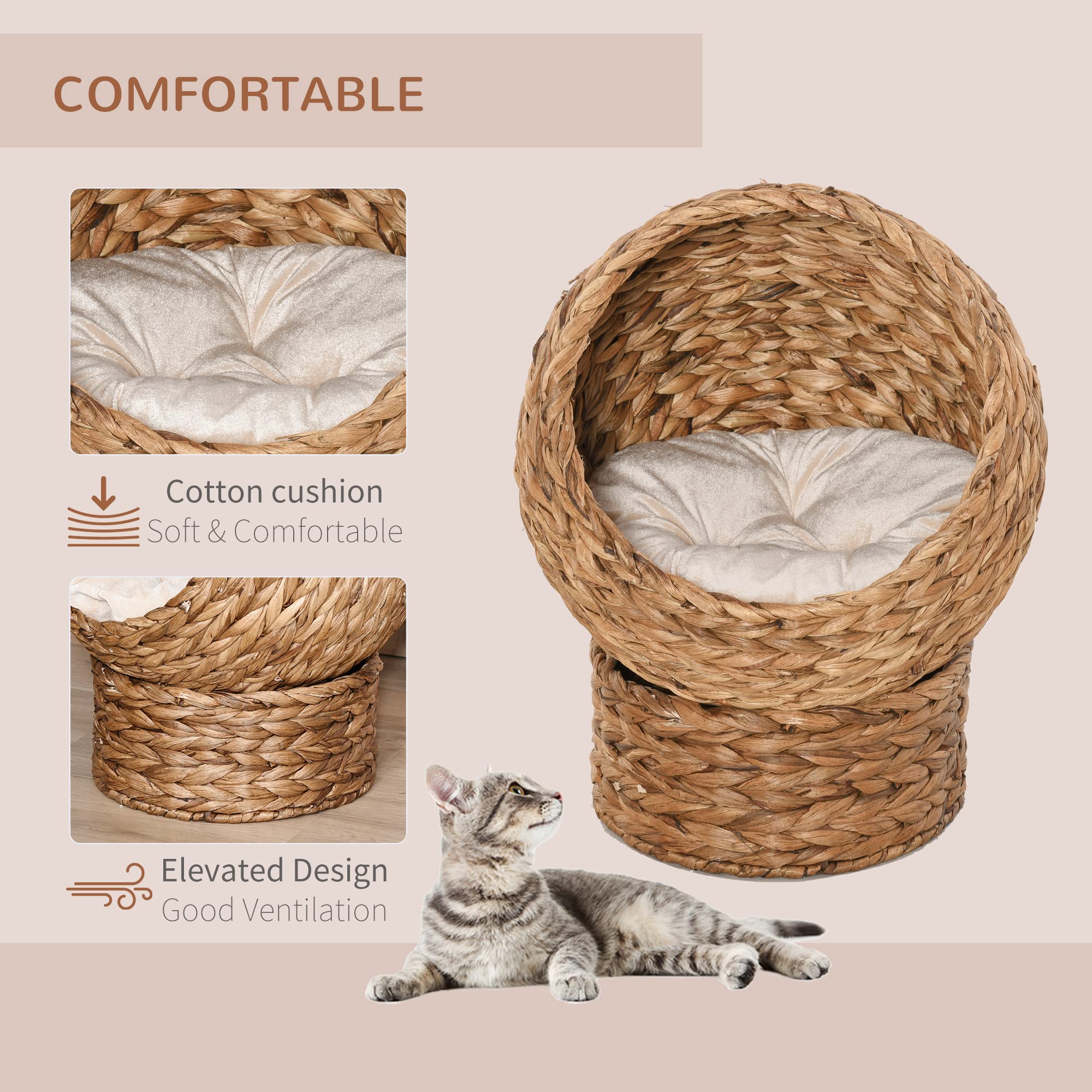 Pawhut Handwoven Elevated Cat Bed With Soft Cushion & Cat Egg Chair Shape, Cat Basket Bed Kitty House With Stand, Raised Wicker Cat Bed For Indoor Cats, 23.5' H, Brown