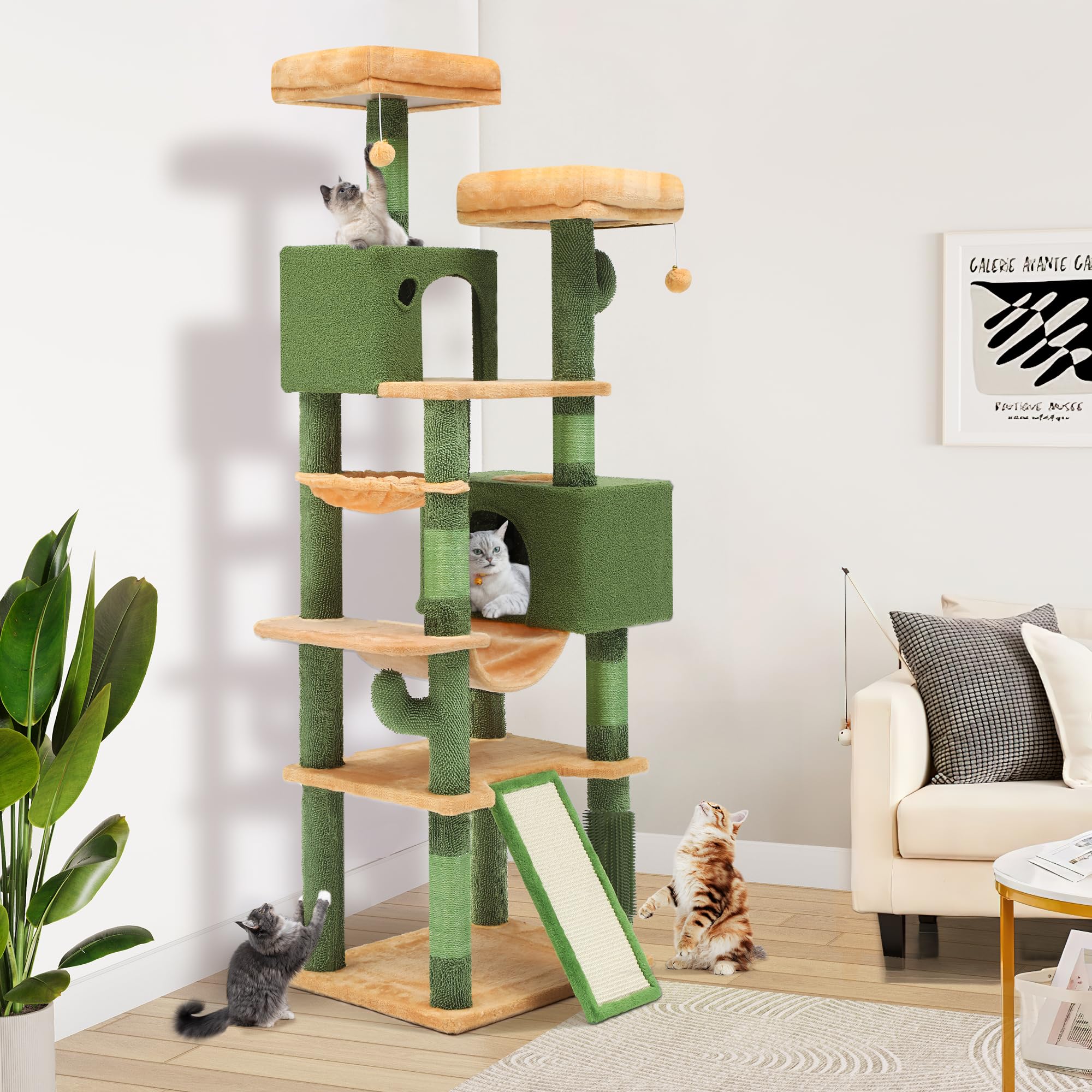 Yitahome 76In Tall Cactus Cat Tree Tower With Self-Grooming Brush, Cute Cat Climbing Tower For Indoor Cats With Cat Condo, Plush