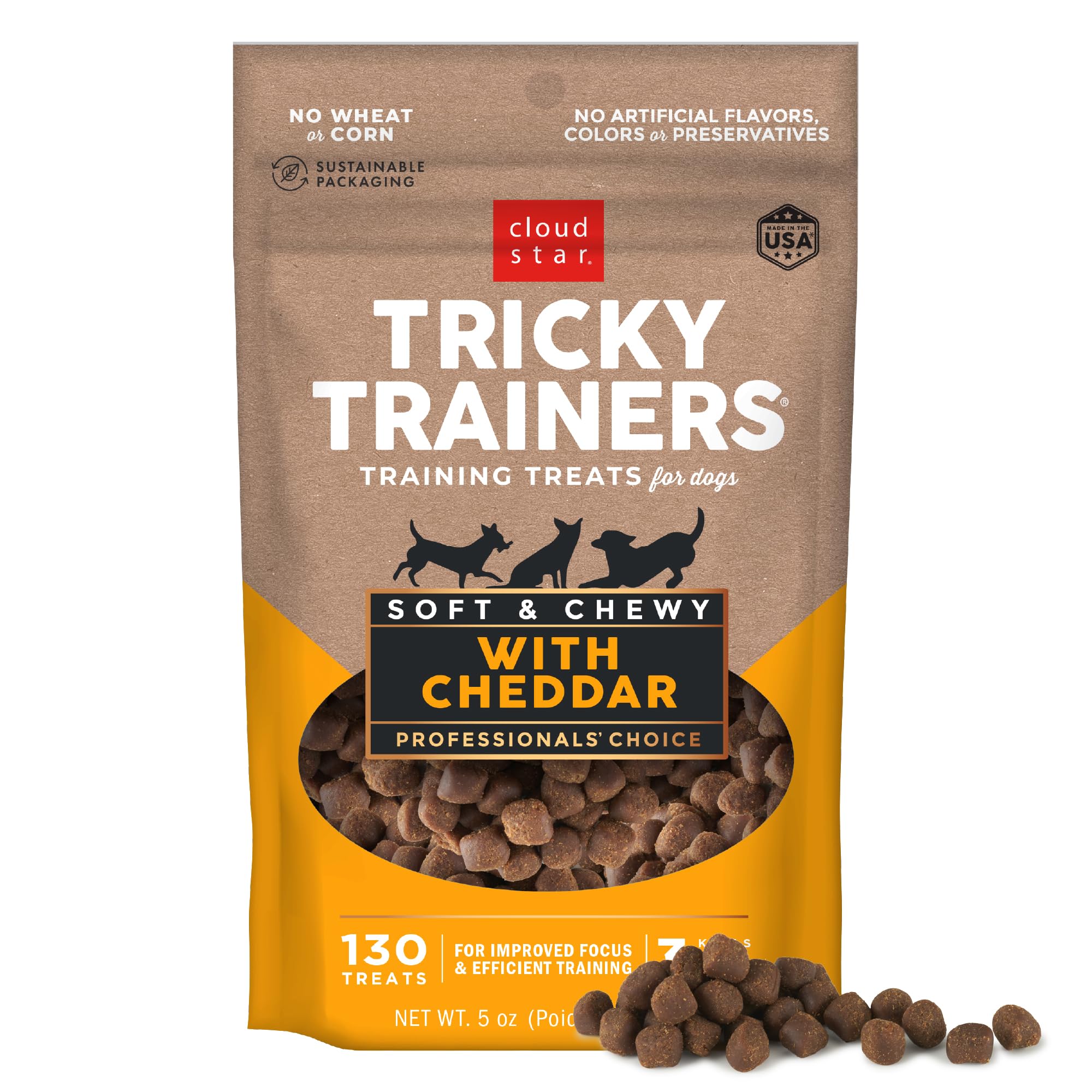 Cloud Star Tricky Trainers Soft & Chewy Dog Training Treats 5 oz Pouch, Cheddar Flavor, Low Calorie Behavior Aid with 130 treats