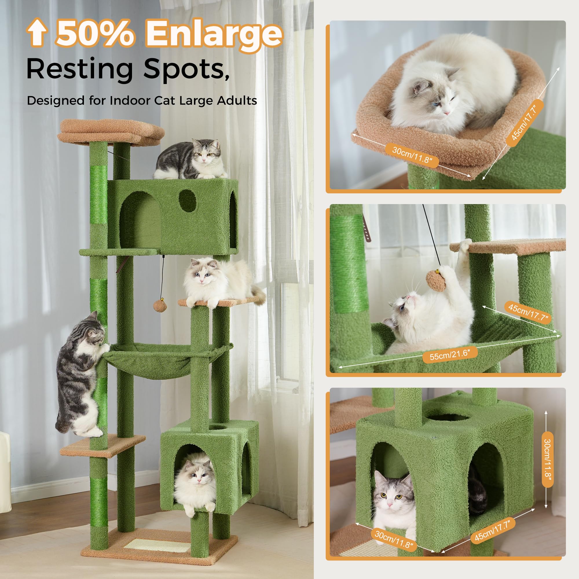 Meowrista Tall Cat Tree For Indoor Cat Large Adults 54   /72    Cat Tower With Enlarge Hammock21.6X17.7   Spacious Cat Condo Hou
