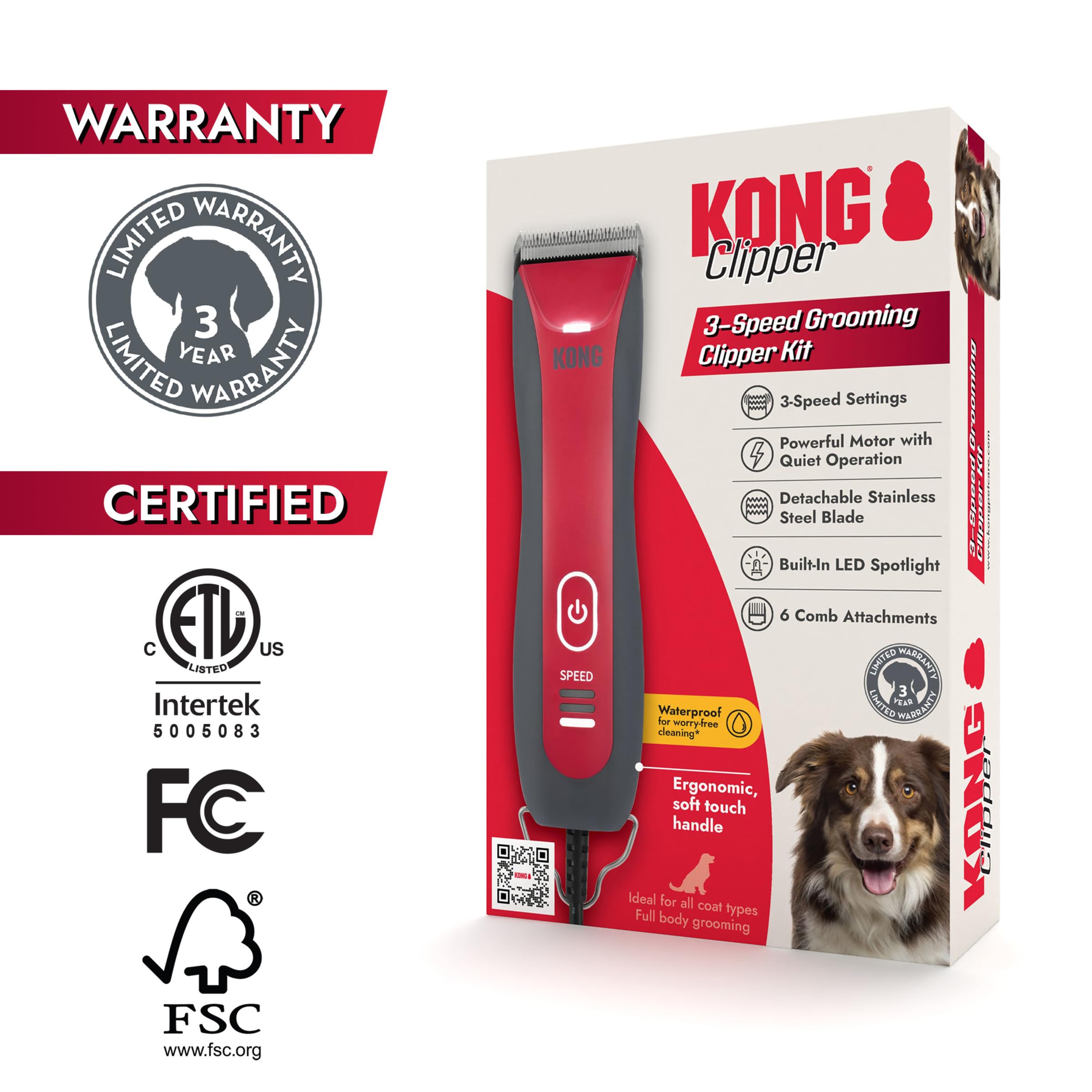 Kong 3-Speed Dog Clipper Grooming Kit - Stainless Steel Blade, Waterproof, LED Spotlight, 6 Guide Combs, 10-Foot Cord, Ergonomic