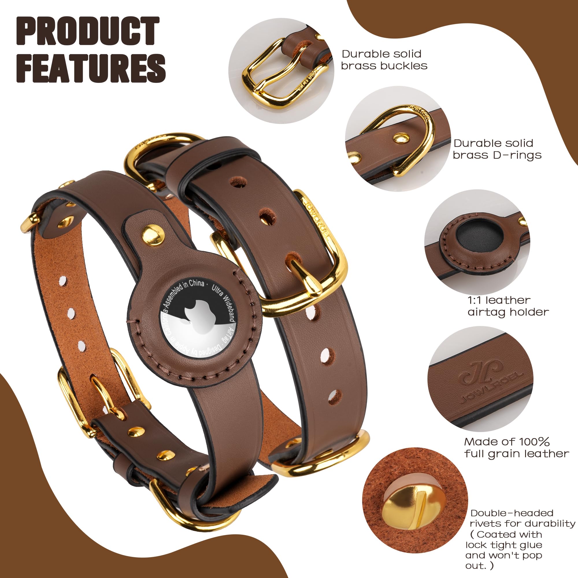 Jowlroel Airtag Dog Collar - Genuine Heavy Duty Leather Dog Collar With Apple Airtag Holder, Suitable For Small Medium Large Dog