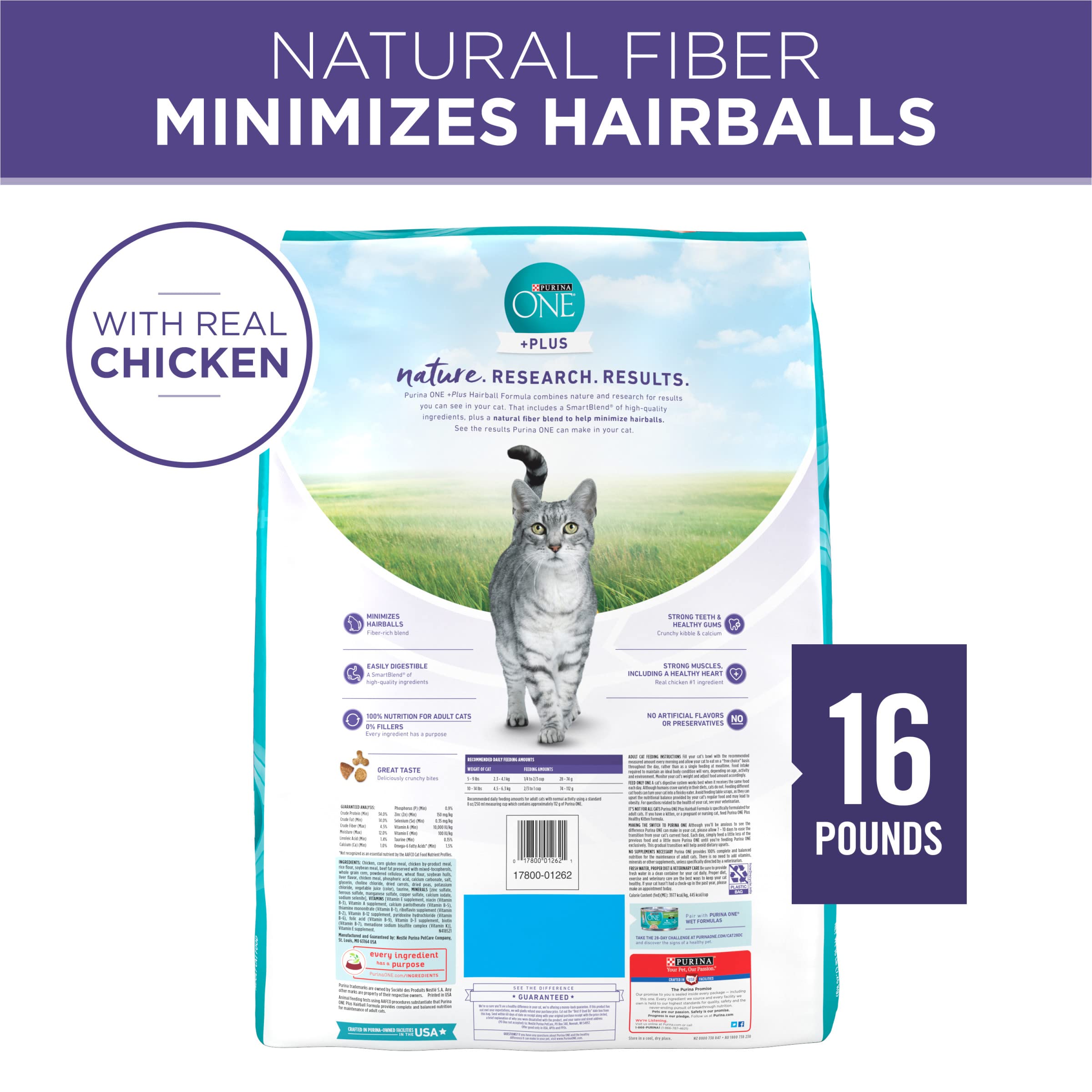 Purina ONE Natural Cat Food for Hairball Control, +PLUS Hairball Formula - 16 lb. Bag