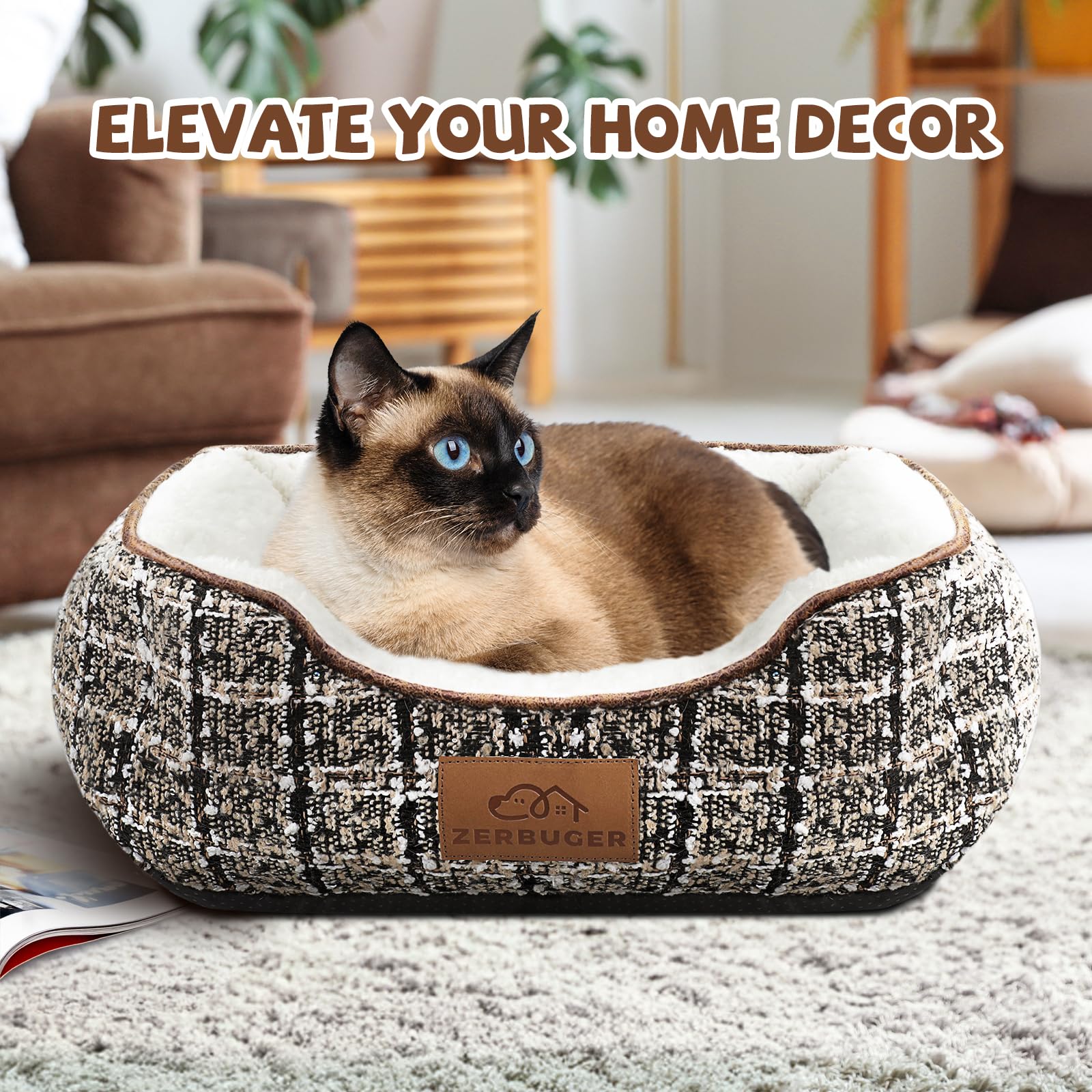 Zerbuger Tweed Rectangle Cat Dog Bed For Medium Small Pets Indoor Outdoor Machine Washable Sleeping Sofa Non-Slip Bottom Soft Pu