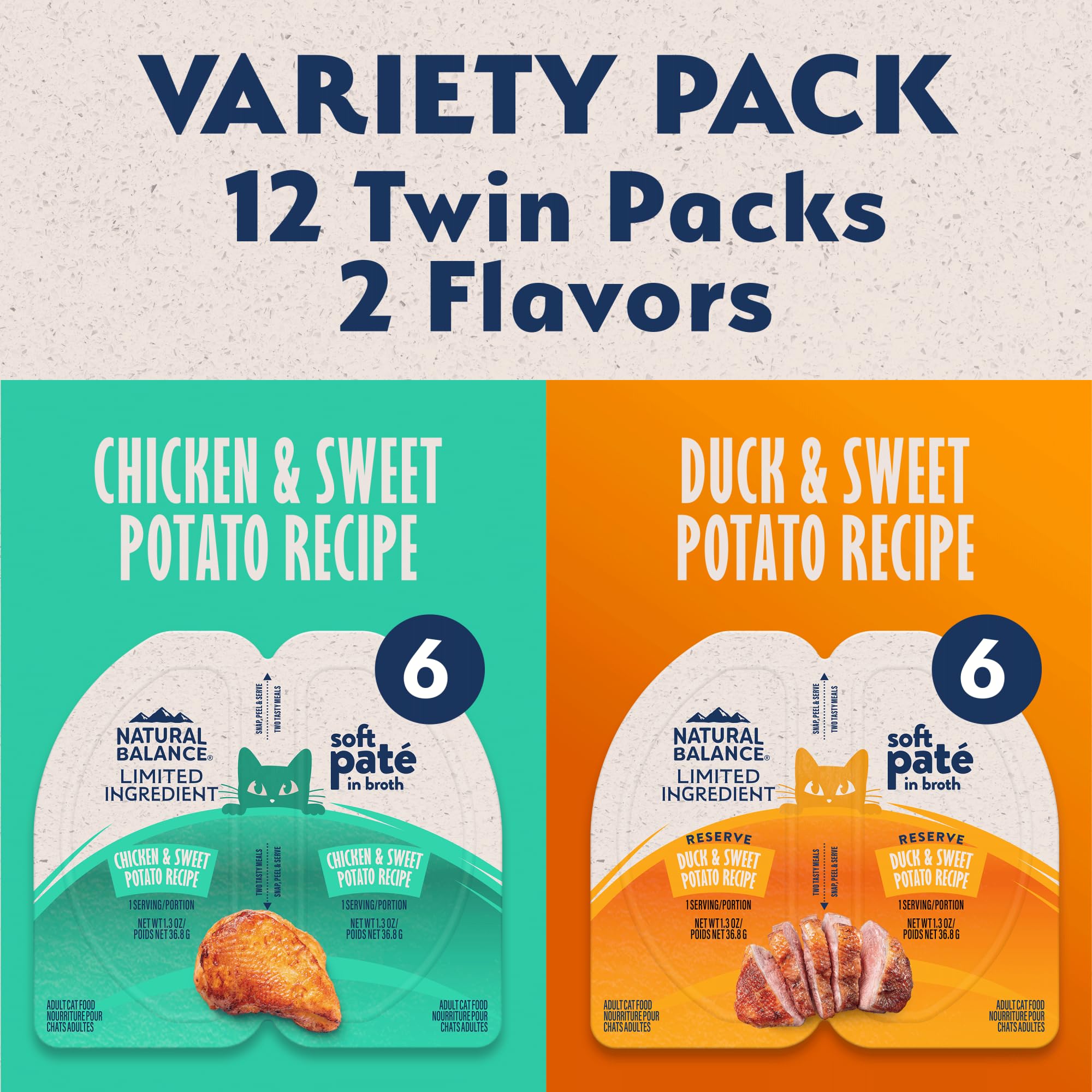 Natural Balance Limited Ingredient Split Cup Variety Pack - Chicken and Duck with Sweet Potato Recipe Soft Pate Wet Cat Food for