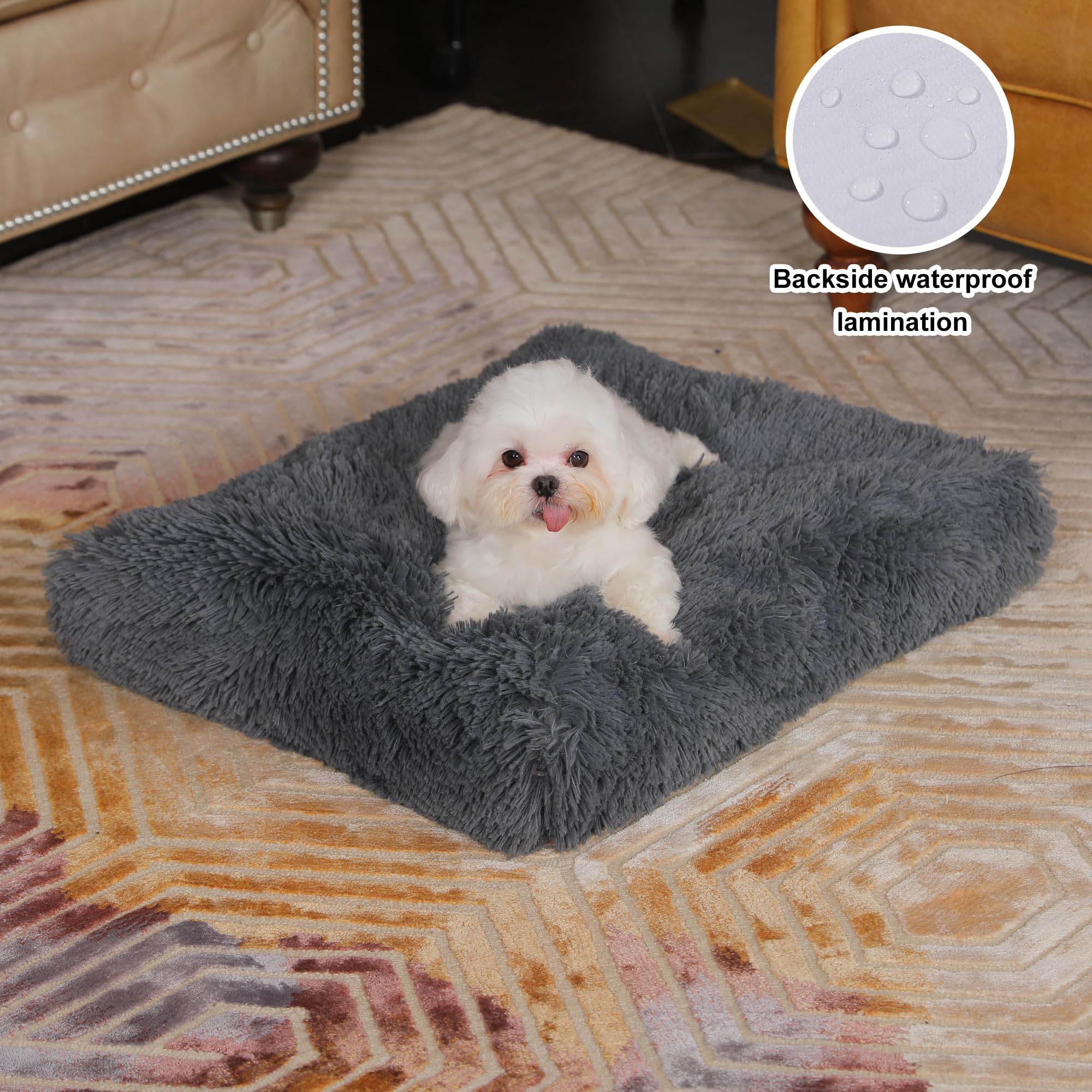 Bedfolks Waterproof Dog Crate Bed, Plush Pad With Removable Cover, Faux Fur For Small Dogs And Cats, Fluffy Washable Kennel Bed