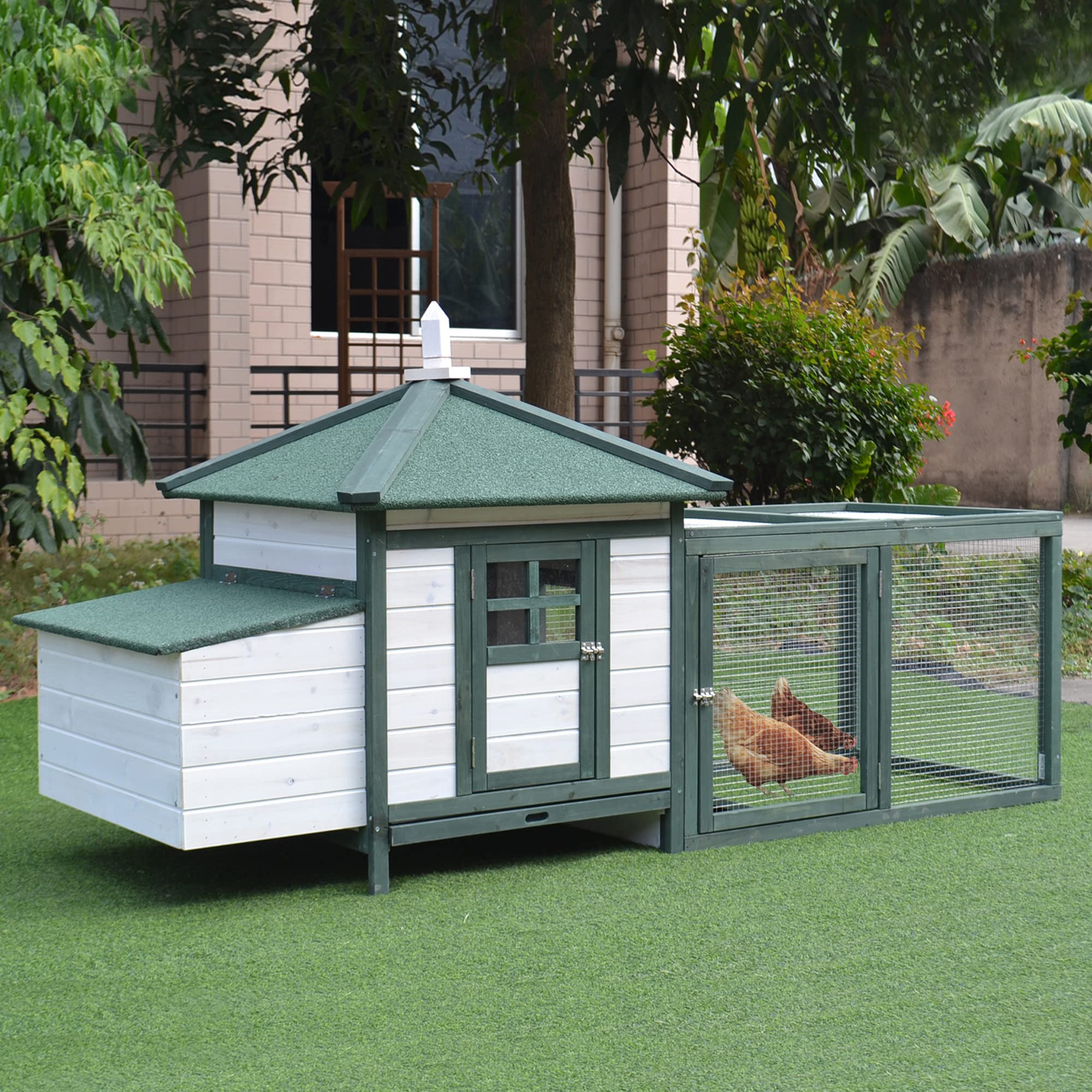Pawhut 77' Wooden Chicken Coop With Nesting Box, Cute Outdoor Hen House With Removable Tray, Ramp Run, For Garden Backyard, Green