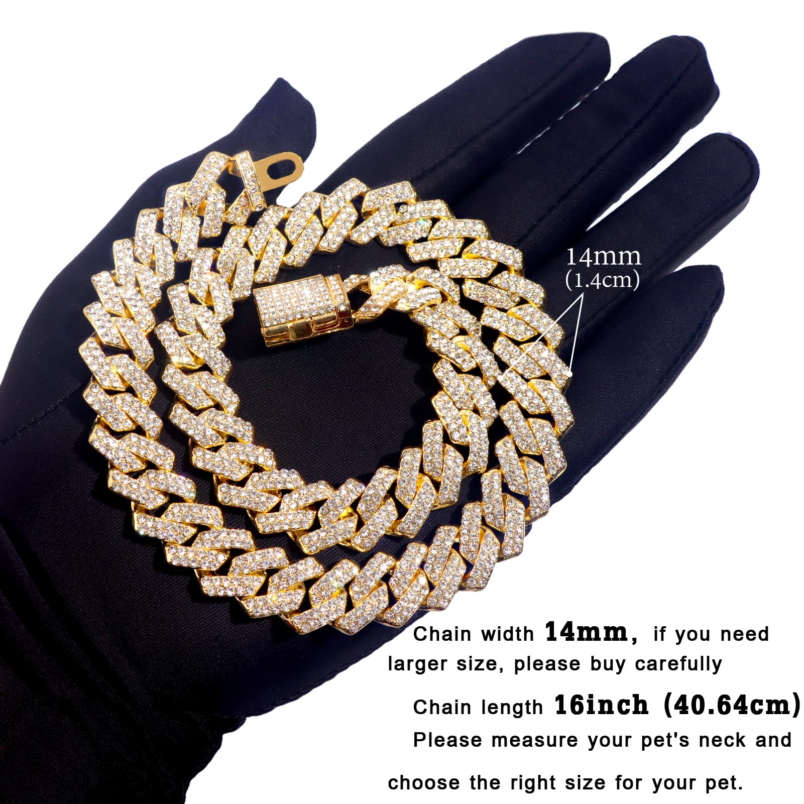 Flatfoosie Cuban Link Metal Chain Collar With Secure Buckle - 14Mm Gold Chain Dog Collar For Small To Large Dogs & Cats (16 Inch