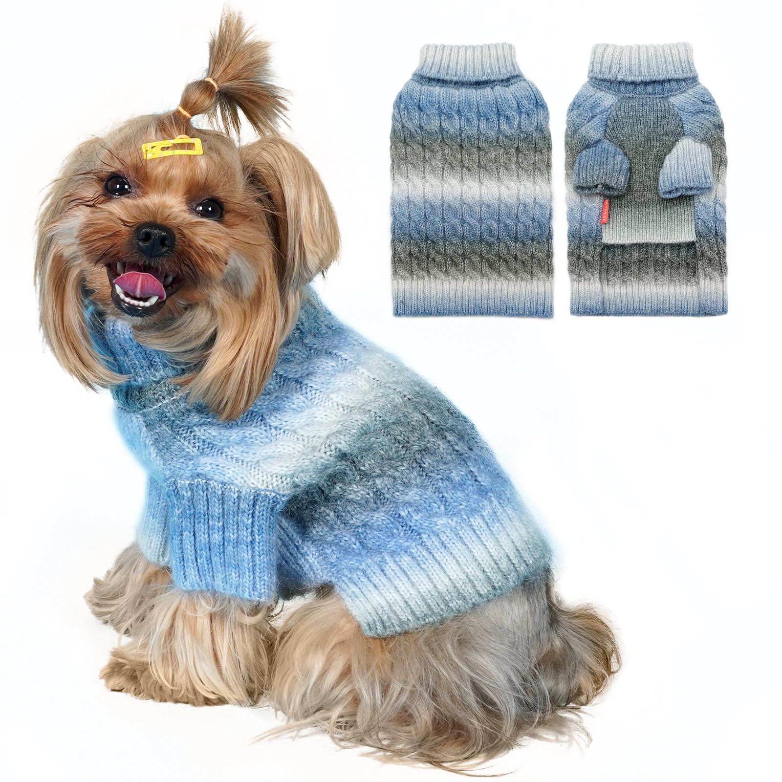 Kyeese Dog Sweater Cable Knit Thick Dog Knitwear Turtleneck Warm With Sleeves Fuzzy Dogs Clothes Gradient Color, Blue, Large
