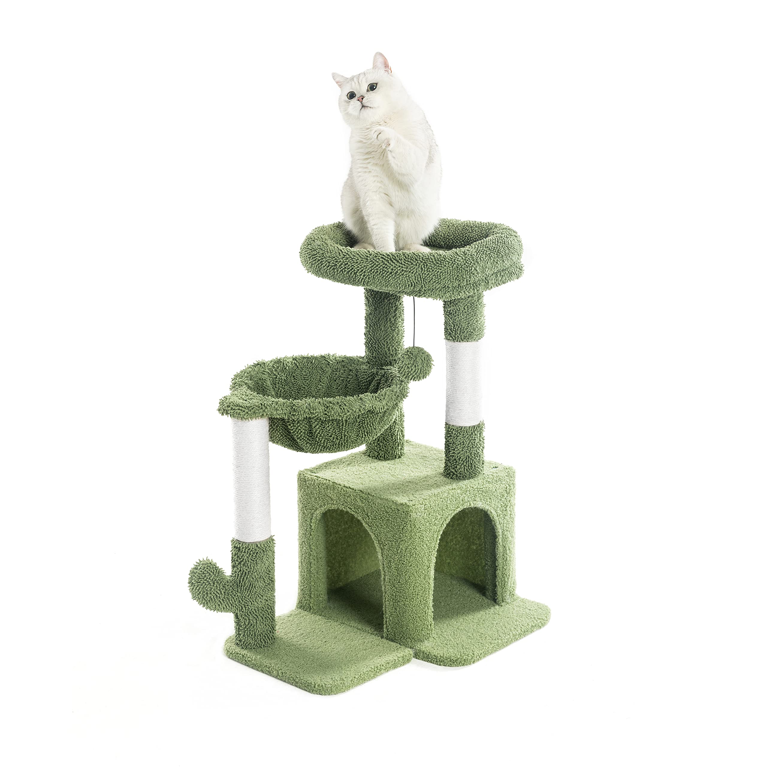 Pesofer Cactus Cat Tree, Small Cat Tower With Sisal Scratching Post And Hammock Green