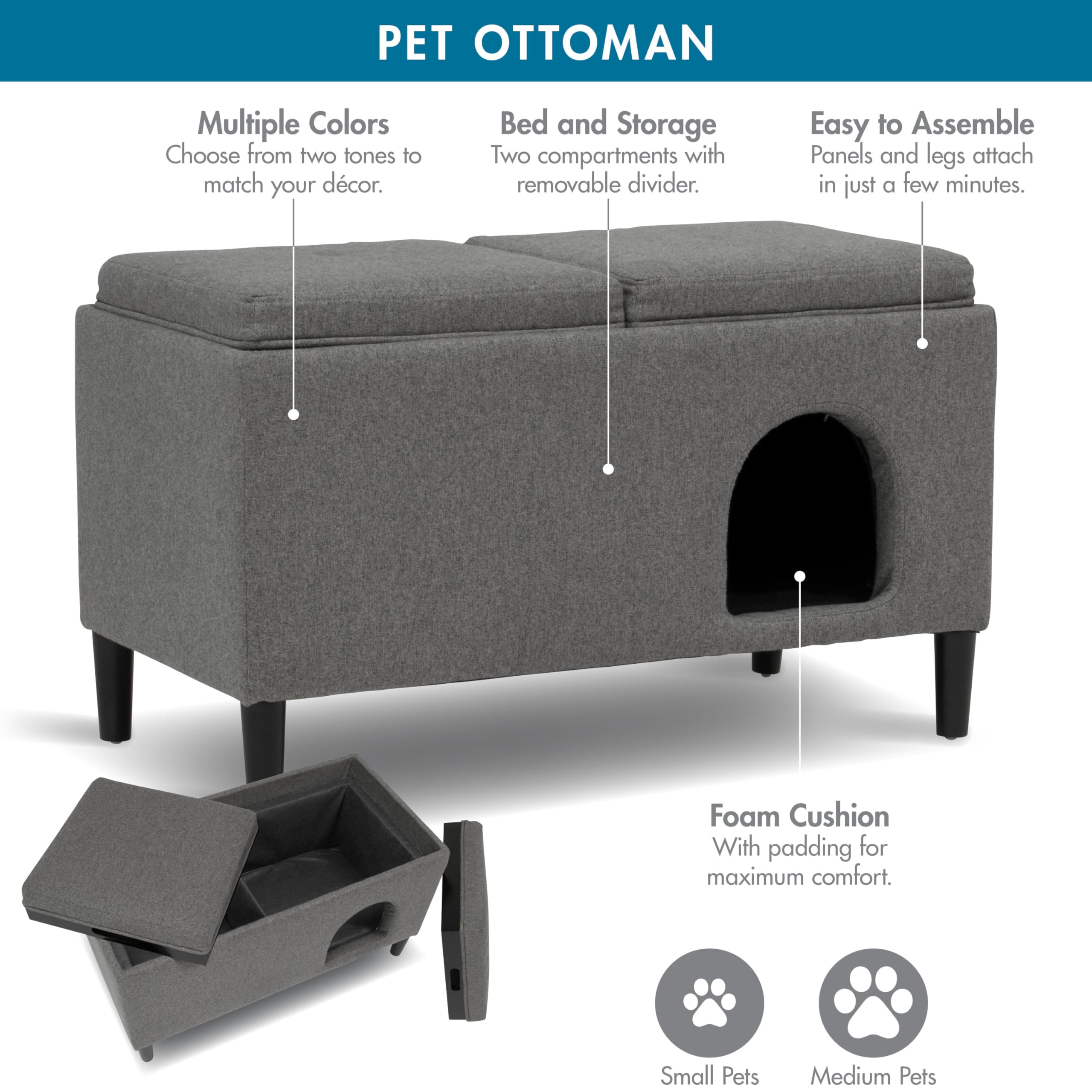 Paws & Purrs Modern Dual-Purpose Ottoman & Multi-Cat Bed, Large, Gray, Model 61210, Stylish 2-in-1 Footstool with Hidden Storage