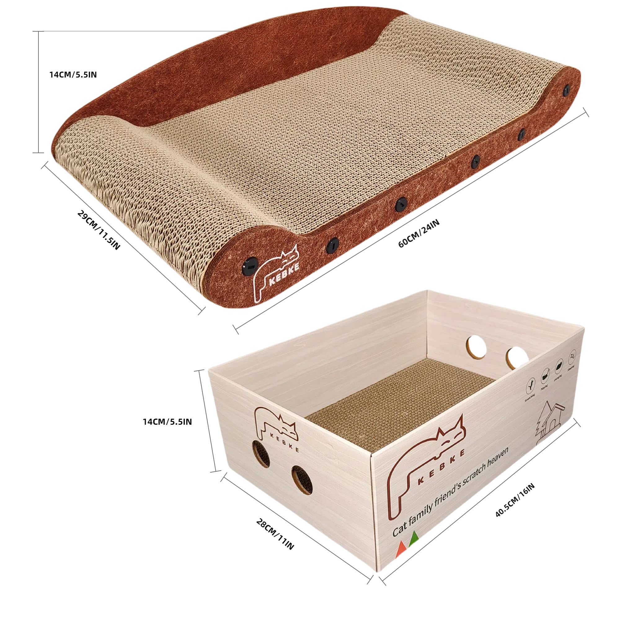 KEBKE Cat Scratcher 24" Sofa Bed & 16" Lounge Box, Durable Corrugated Paper, Brown, Model KK-0060