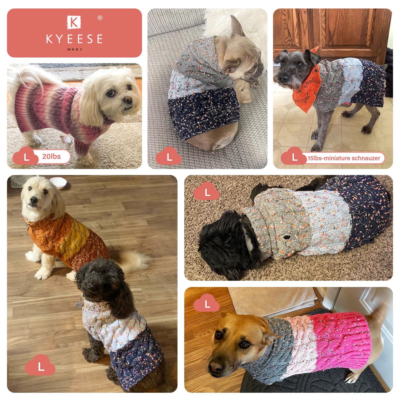 Kyeese Dog Sweater Cable Knit Thick Dog Knitwear Turtleneck Warm With Sleeves Fuzzy Dogs Clothes Gradient Color, Blue, Large