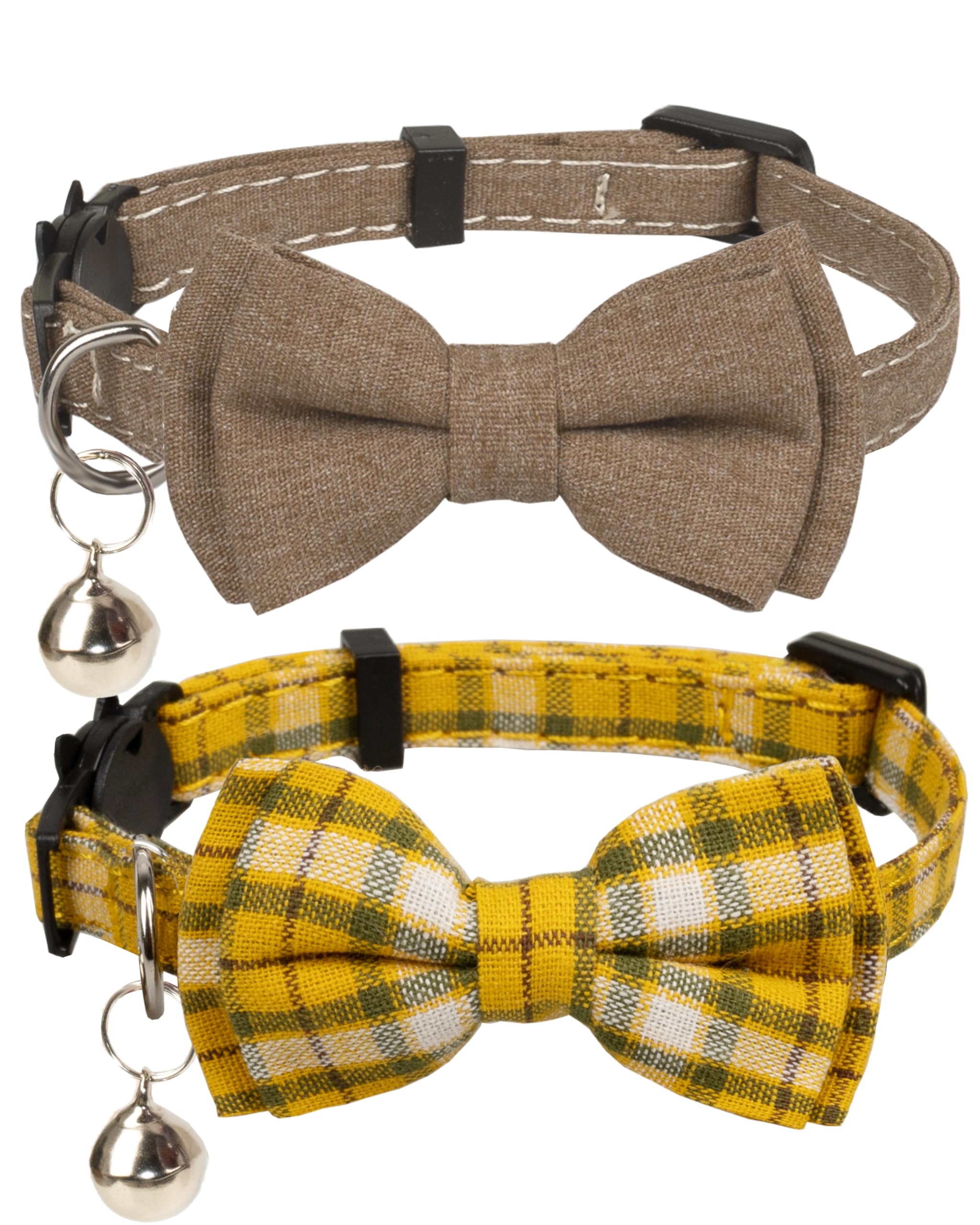 Gyapet Cat Collar Breakaway Bowtie Safety With Bell Adjustbale Kitten Puppy Solid Plaid Color Set D-[2Pcs] Brown