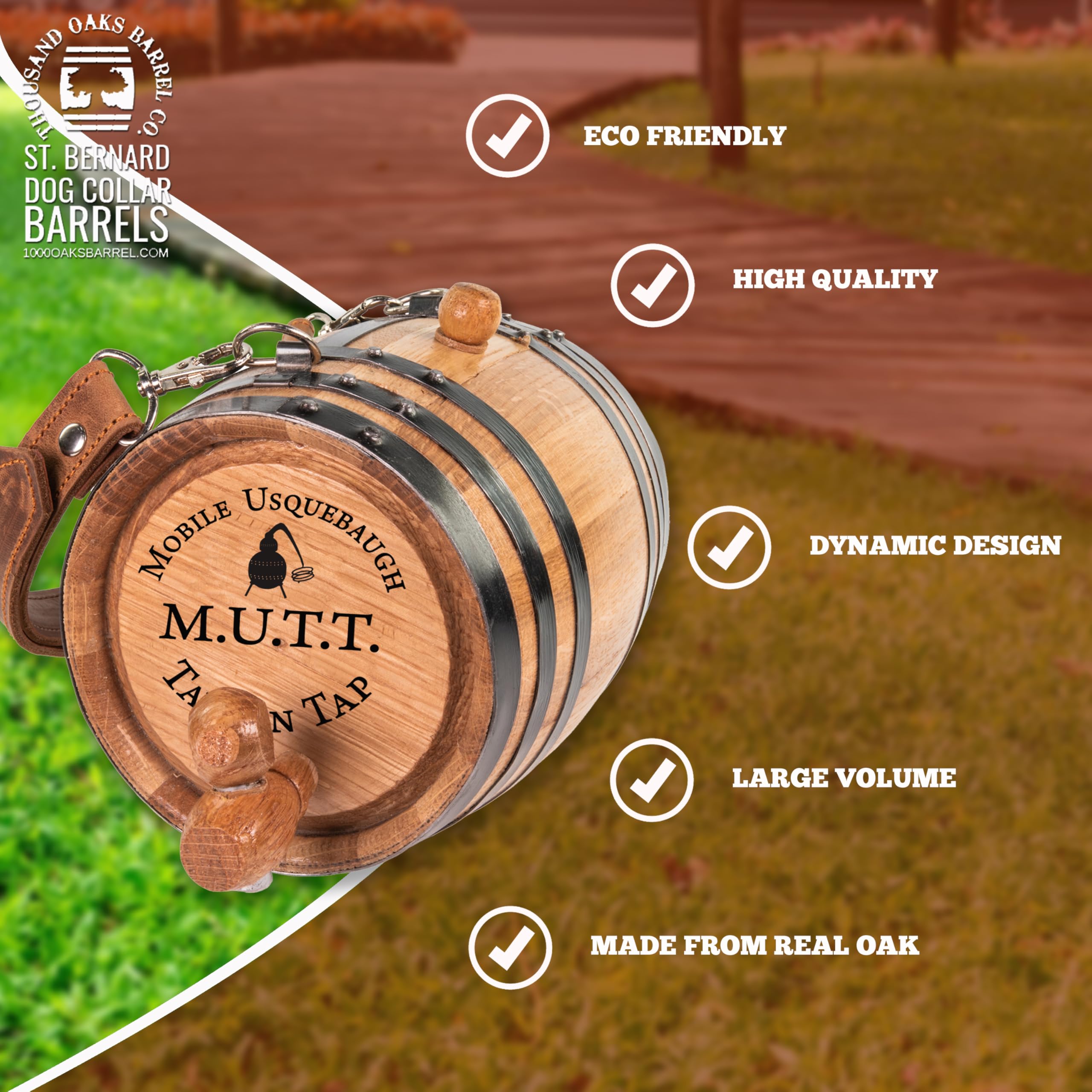 St Bernard Whiskey Barrel Collar For Dog, M.U.T.T.' - 1/2 Liter Oak Aging Barrel Dispenser For Saint Bernard Dogs With Adjustabl