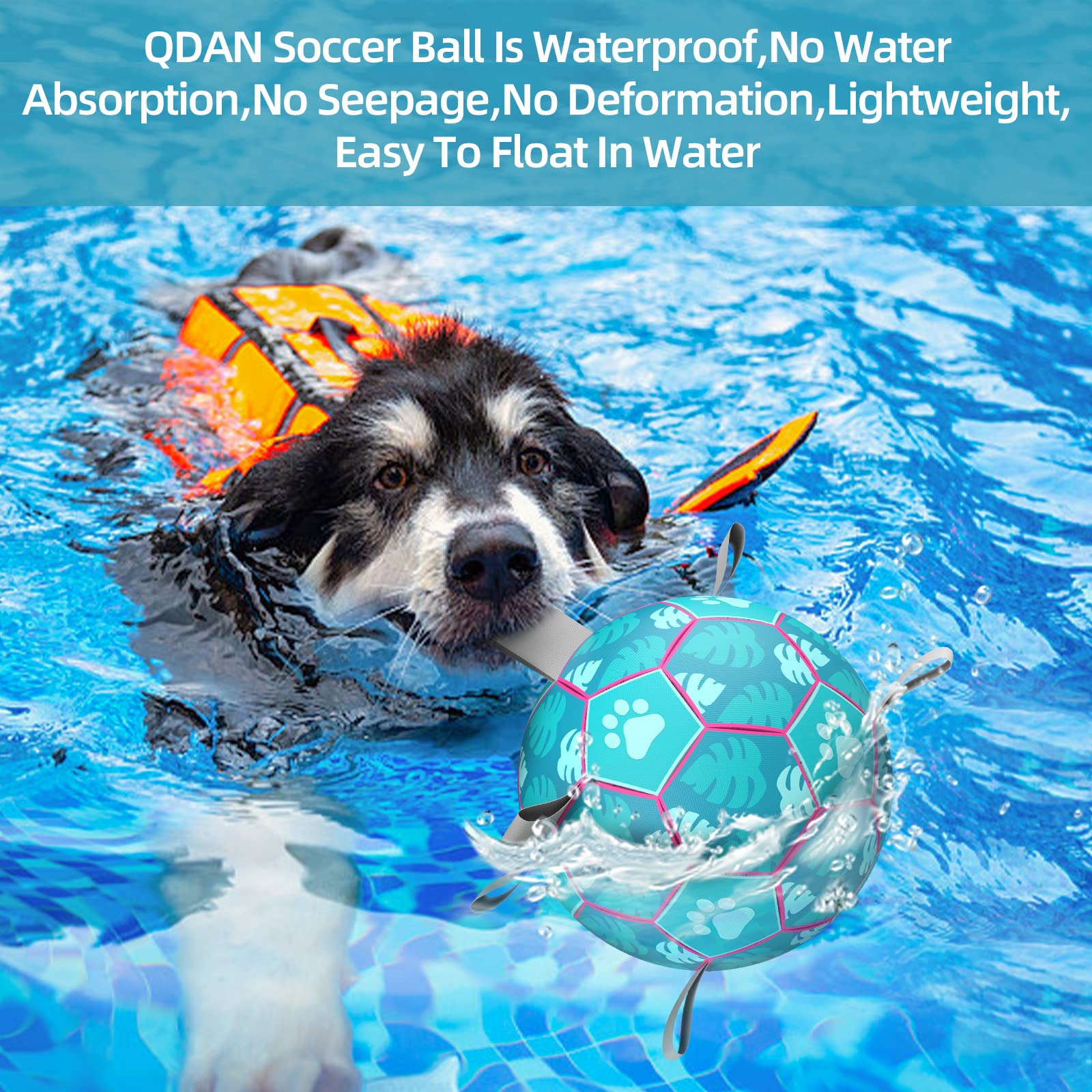 Qdan Dog Toys Soccer Ball, Interactive Dog Toys For Tug Of War, Puppy Birthday Gifts,Dog Tug Toy, Dog Water Toy, Durable Dog Balls For Small & Medium Dogs-Lake Blue(8 Inch)