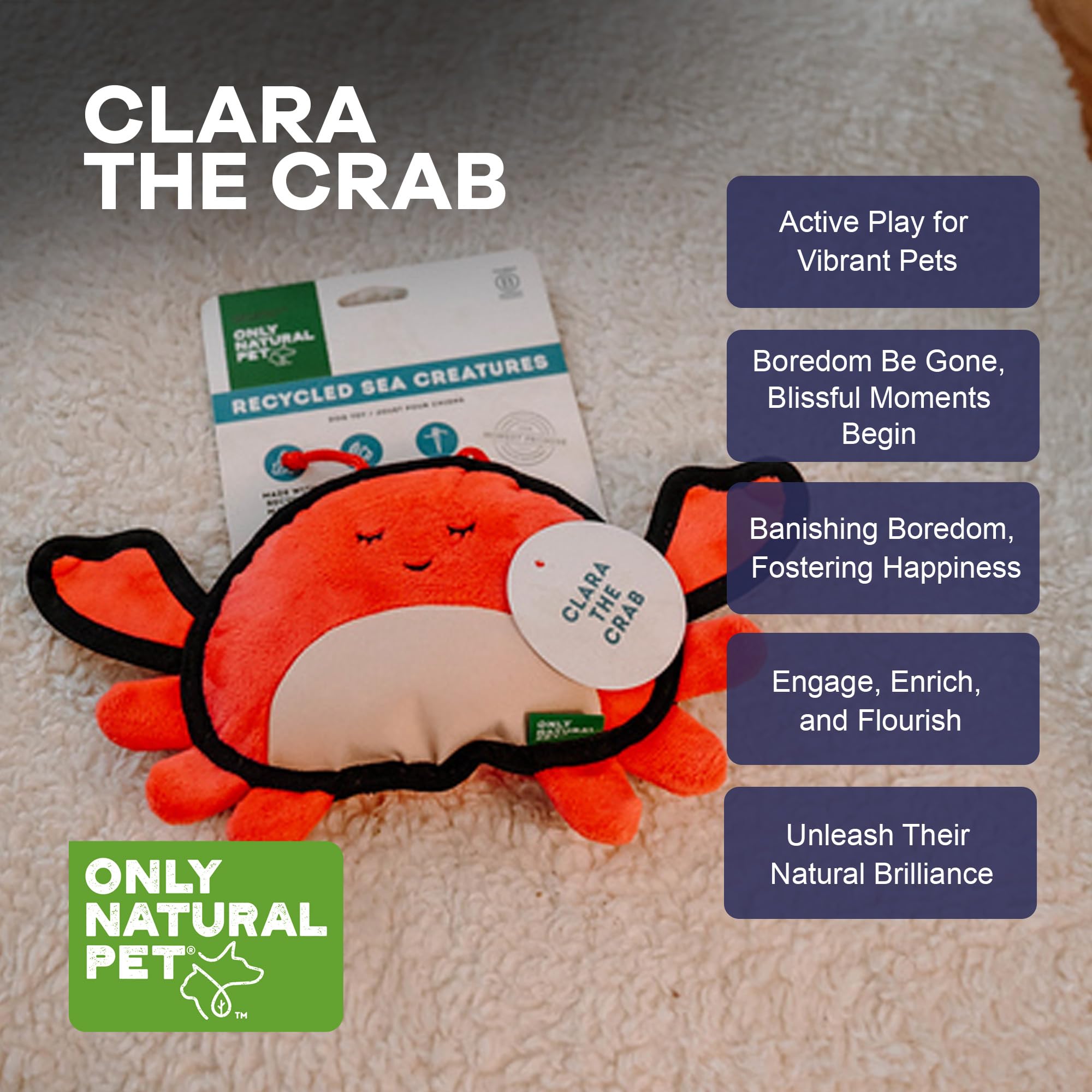 Only Natural Pet Sea Creatures Recycled Plush Dog Toys - Durable Double-Stitched Design with Internal Squeaker, Crinkle Pincers