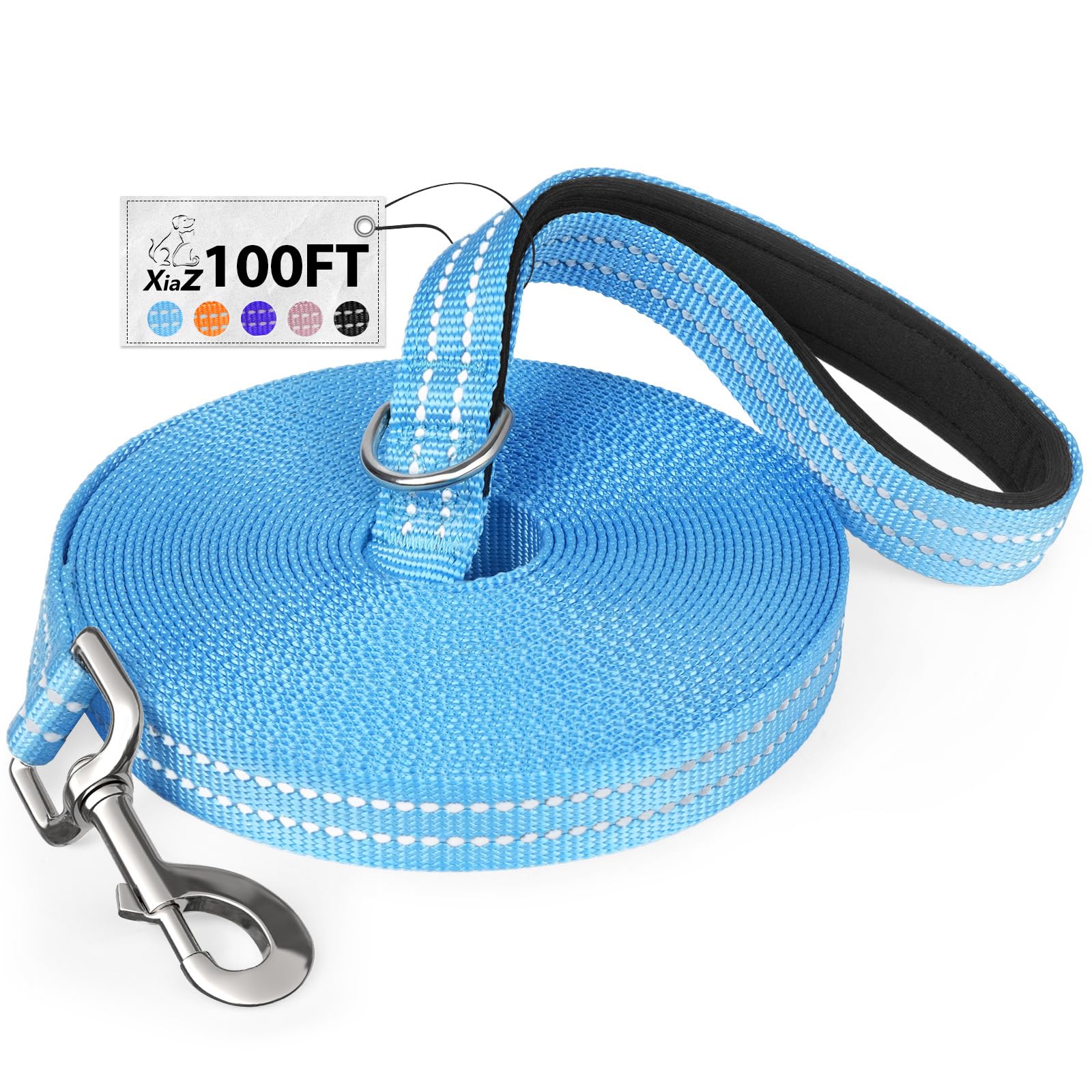 Xiaz 100 Feet Dog Training Leash, Nylon, Blue, Reflective, Padded Handle, 550 Lbs Bearing, Lightweight Suitable For Small, Mediu