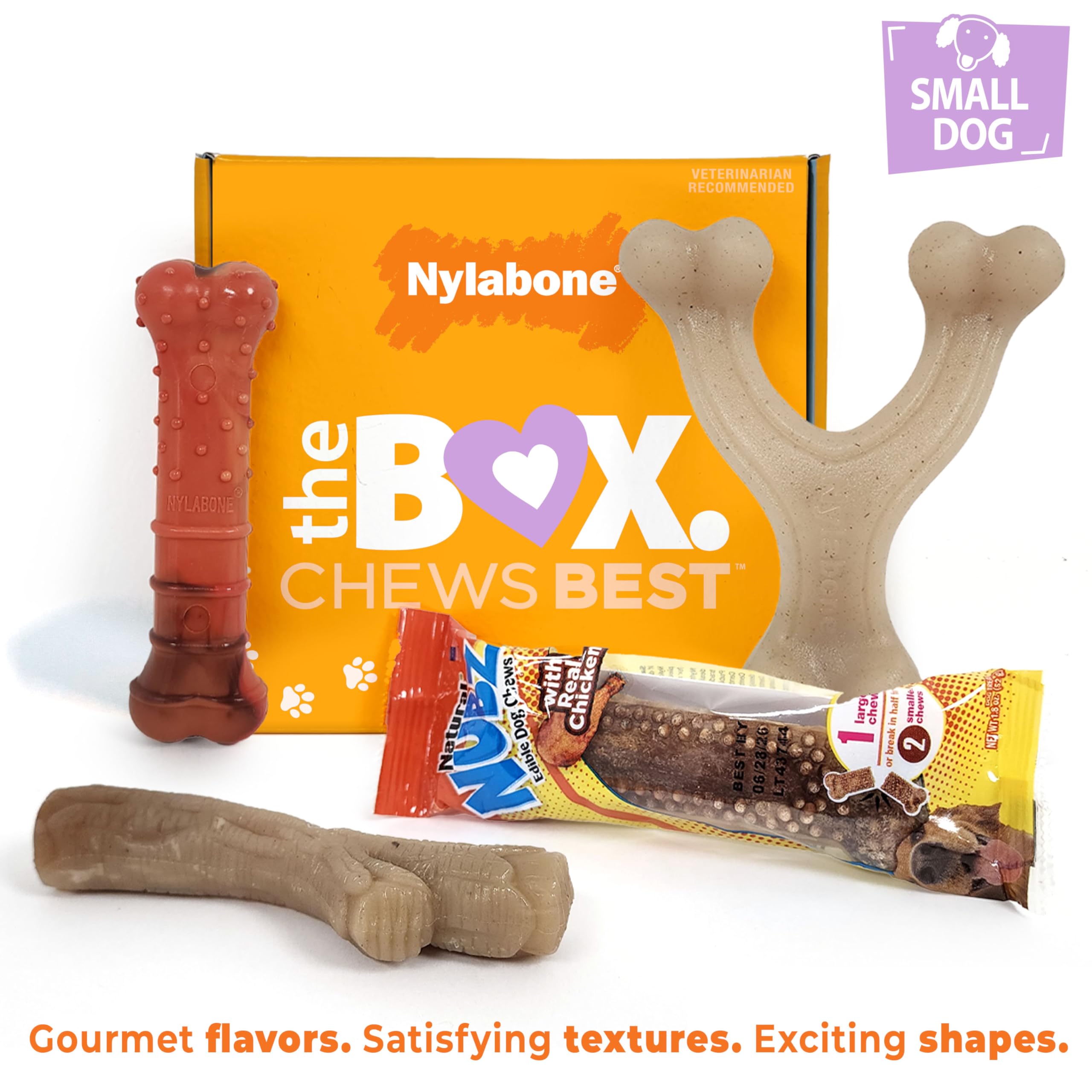 Nylabone Dog Gift Box, Includes 3 Strong Chew Toys and 1 Natural Treat, Gifts for Dogs, Small - Up to 25 lbs, 4 Pack