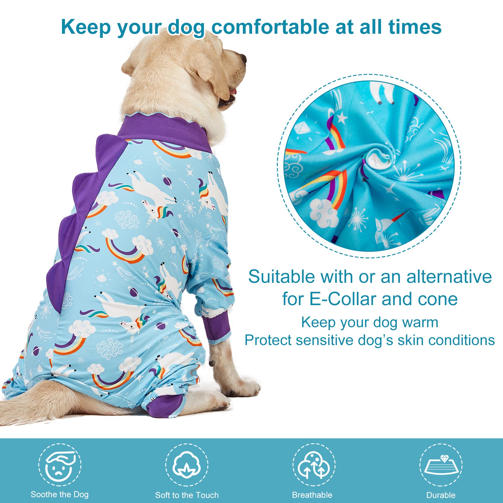 Lovinpet Xxl Dog Pjs, Anti Licking Dog Recovery Clothes, Kightweight Onesie, Starlight Rainbow/Wild Horse Prints Dog Clothing, Uv Protection, Adorable Pet Pj'S /2Xl