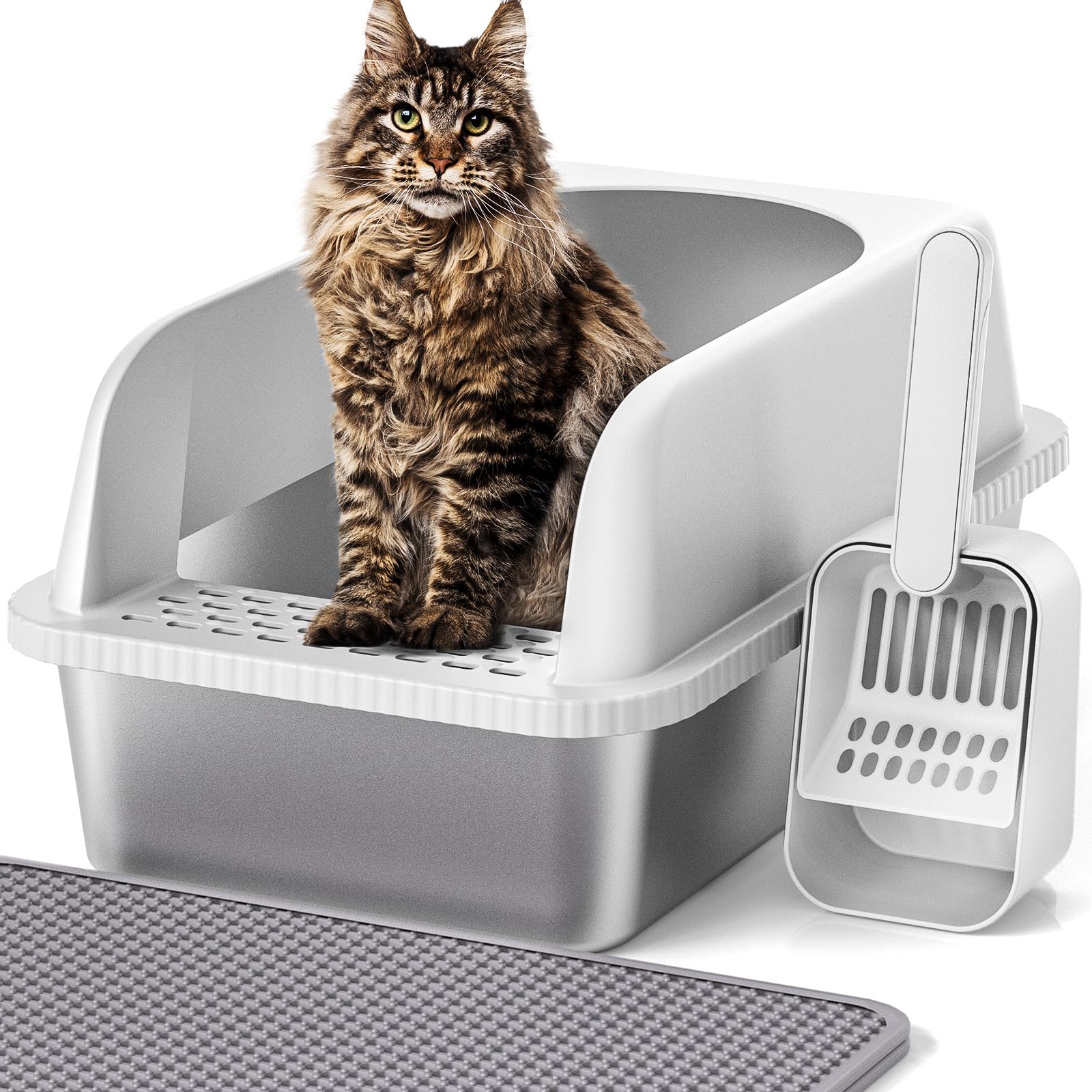 Henkelion Stainless Steel Cat Litter Box with Lid, 20 L x 14.2 W x 11.8 H, Extra Large Litter Box for Big Cats with High Sided, 