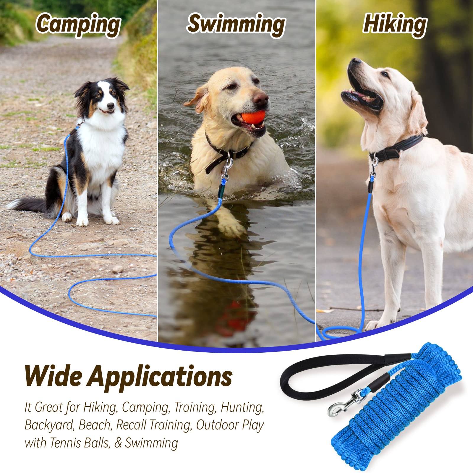 Lynxking Check Cord Dog Leash Long Lead Training Tracking Line Comfortable Handle Heavy Duty Puppy Rope 10Ft 15Ft 30Ft 50Ft For Small Medium Large Dog Blue