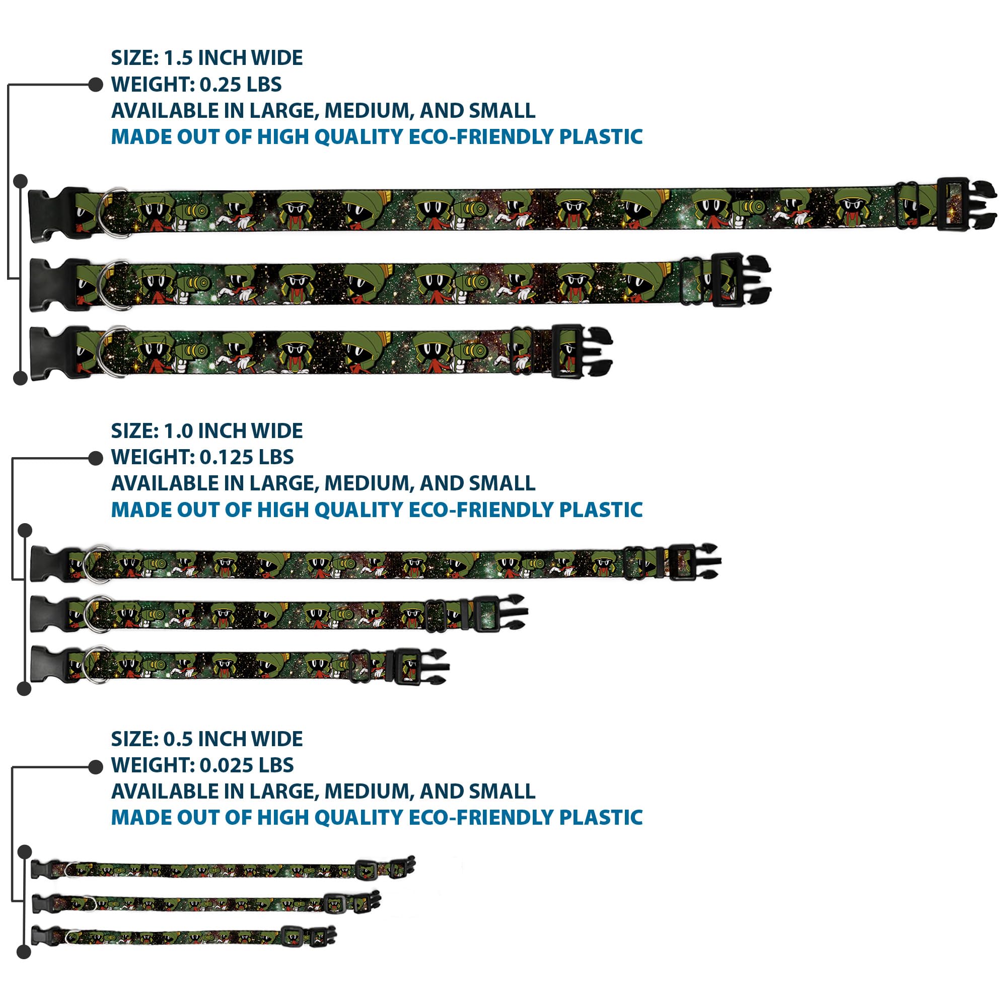 Dog Collar Plastic Clip Marvin The Martian 4 Poses Galaxy 9 To 15 Inches 1.0 Inch Wide