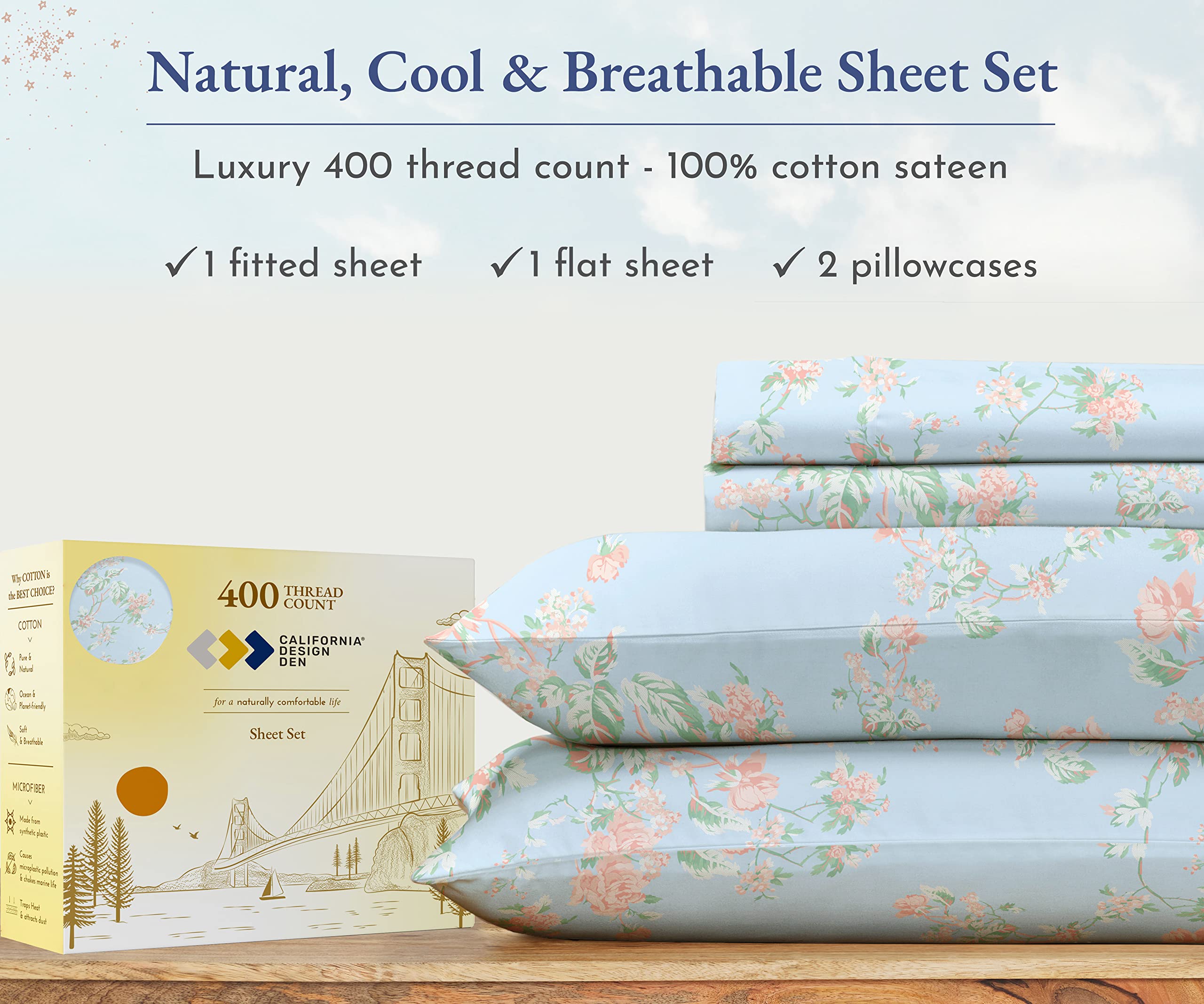 California Design Den Floral Sheets For Queen Size Bed, 4 Piece 100 Cotton Sheets Set, Luxury 400 Thread Count Sateen, Deep Pock