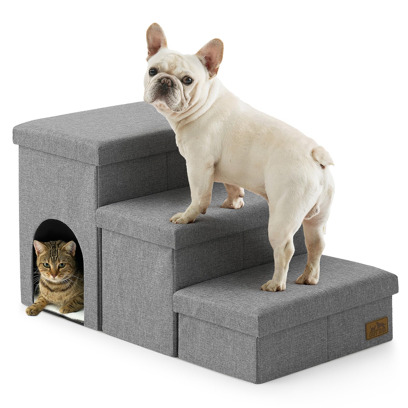 Dog Stairs with Storage, 3-Step Wider Sturdy Dog Steps for Small/Medium/Large Dogs and Older Cats, Doggie Ramp with Condo for Be