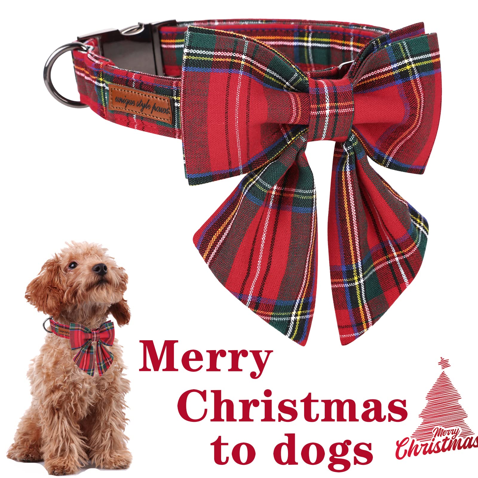 Unique Style Paws Christmas Dog Collar With Bow Tie Red Plaid Puppy Collar For Small Medium Large Dogs As Autumn Winter Gifts -M