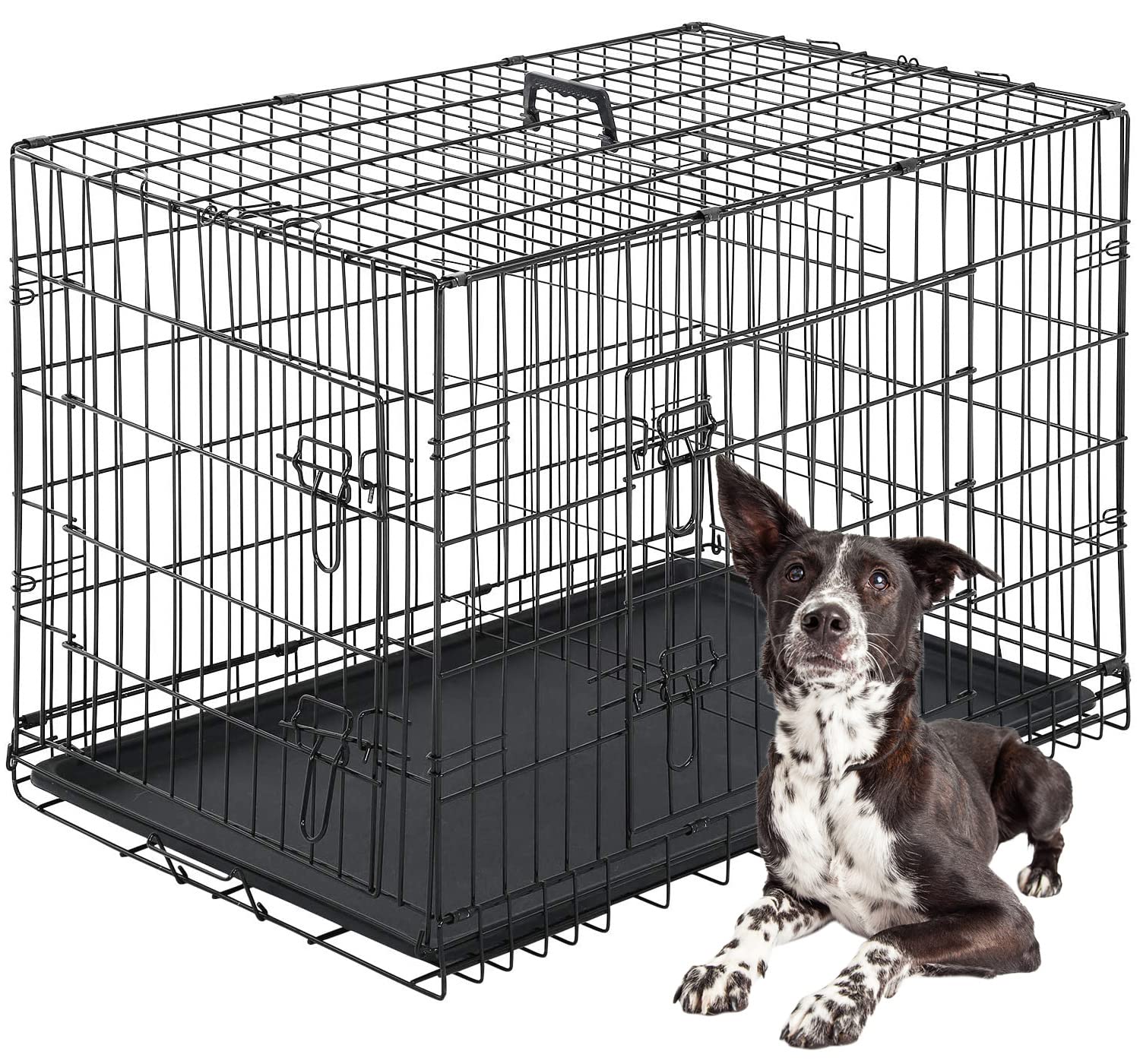 Fdw Dog Crate Dog Cage Pet Crate For Large Dogs 42Inch Folding Metal Pet Cage Double Door W/Divider Panel Indoor Outdoor Dog Kennel Leak-Proof Plastic Tray Wire Animal Cage