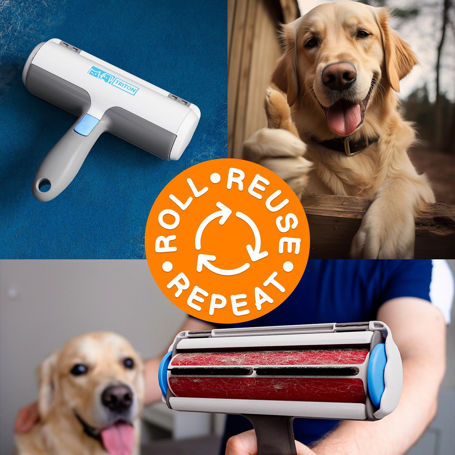 Triton Pet Hair Remover - Easy-to-Use Tool for Cats & Dogs - Compact, Gray/White - Reusable with Fur Trapping Compartment