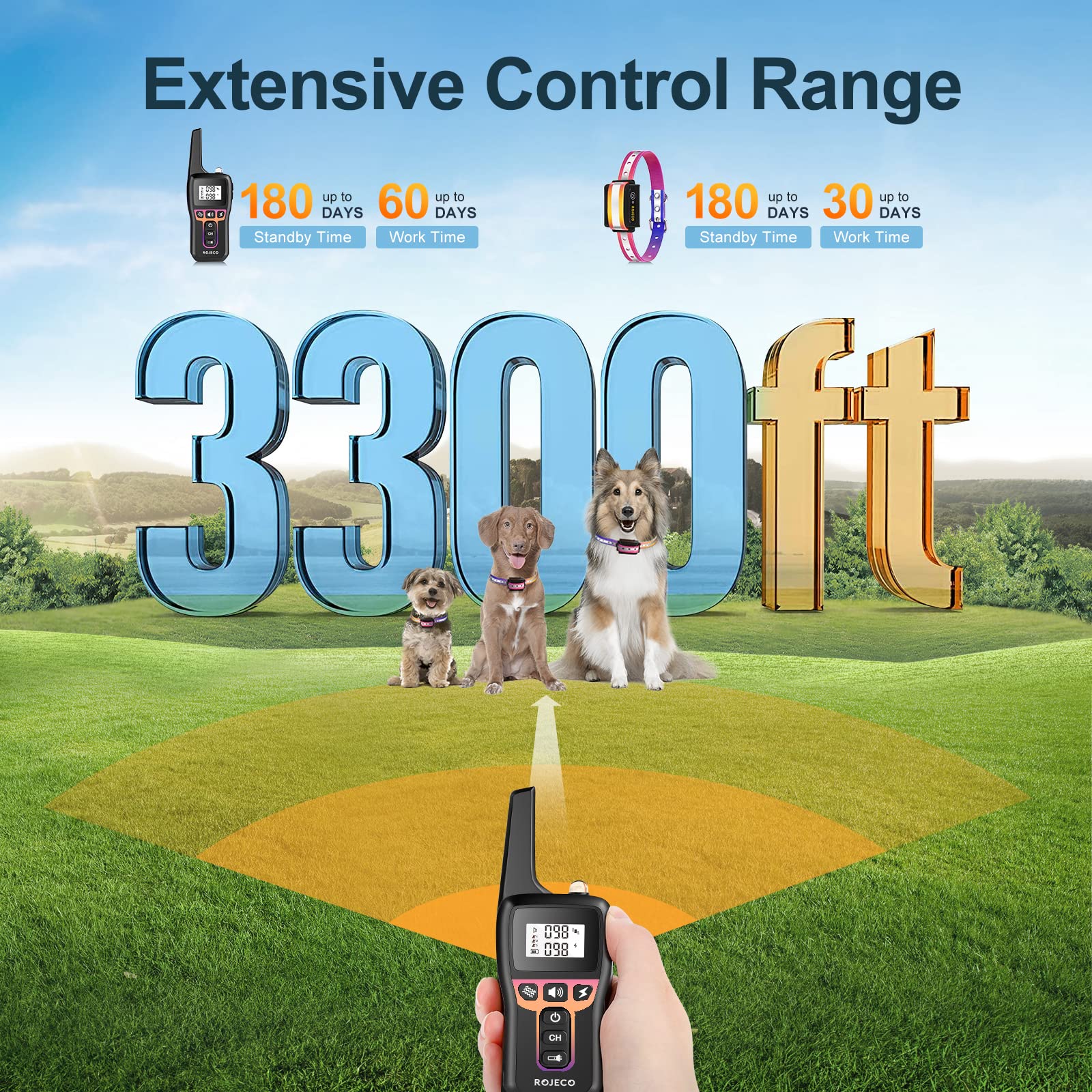 ROJECO Dog Training Collar - 3300FT Remote, IPX7 Waterproof, Rechargeable, Beep, Vibration, Shock, Adjustable, Purple