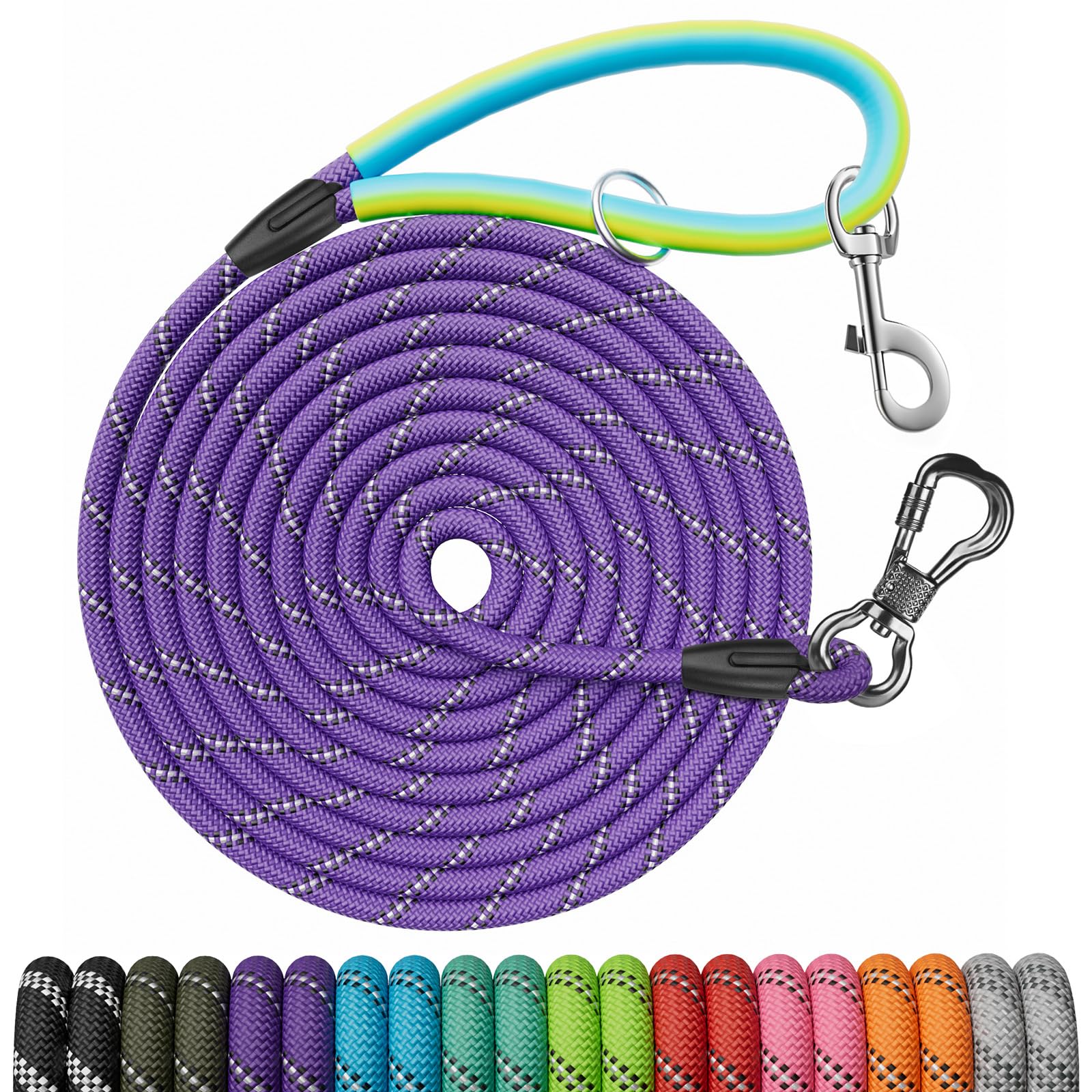 Ntr Dog Rope Leash, 50Ft Recall Training Lead, With 2 Swivel Hooks, Reflective Threads And Soft Rubber Handle, Puppy Leash For W