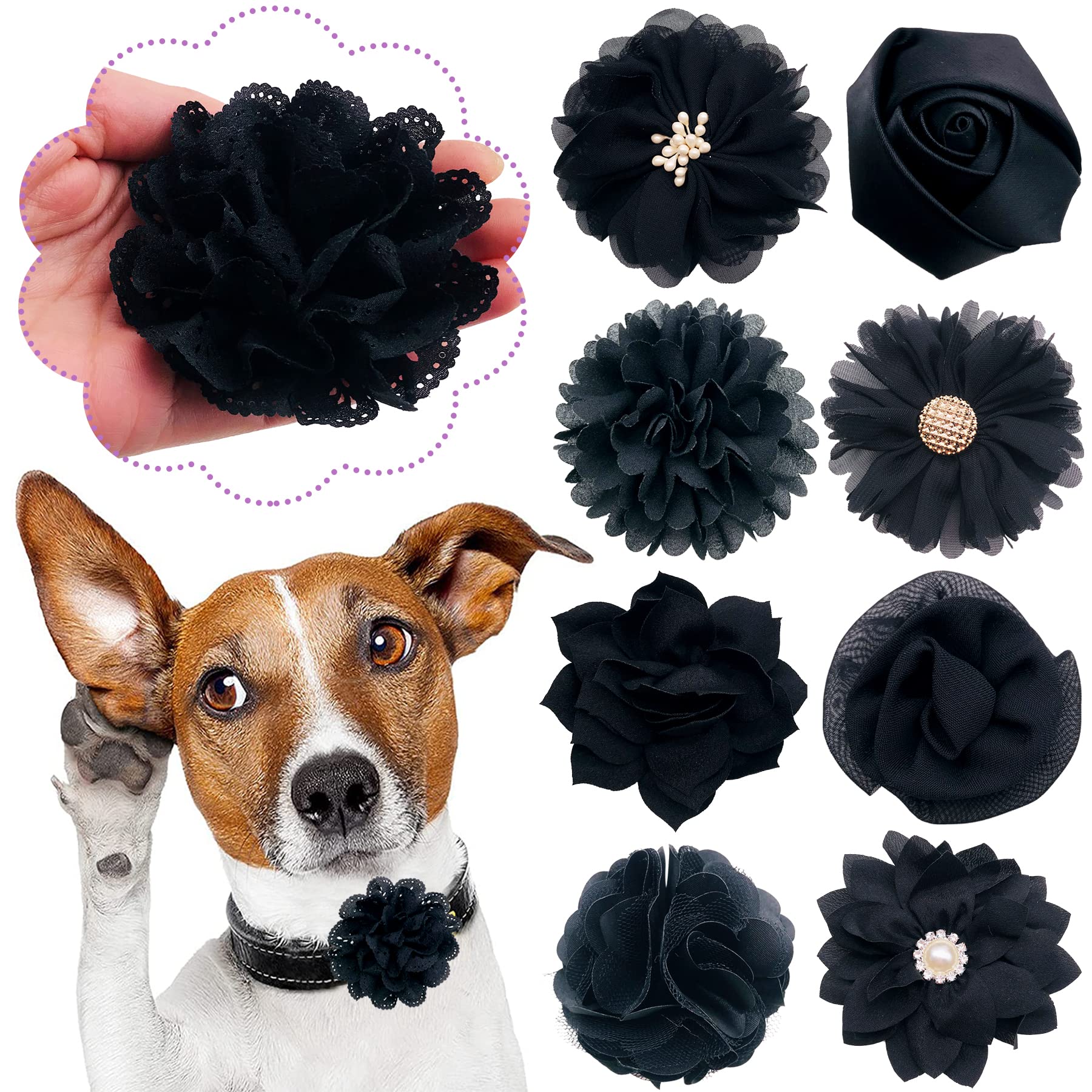 PET SHOW 12pcs Black Dog Collar Bows and Flowers Attachment for Girls Boys Puppies Cats Small Medium Dogs Collars Embellishment
