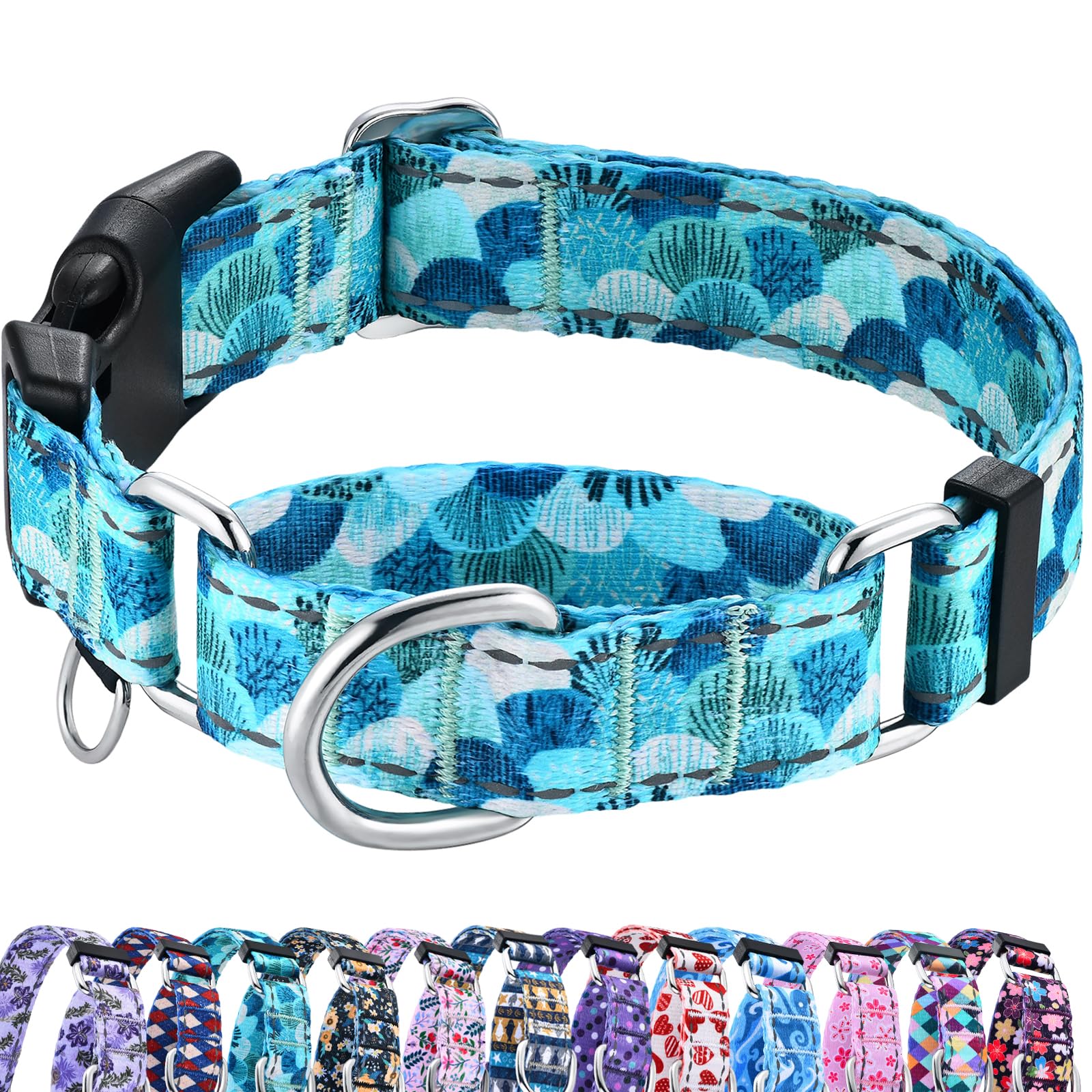 Fidohug Reflective Martingale Collar With Buckle Adjustable Nylon Training Pet Collars For Large Dogs (Turquoise Shell, L)
